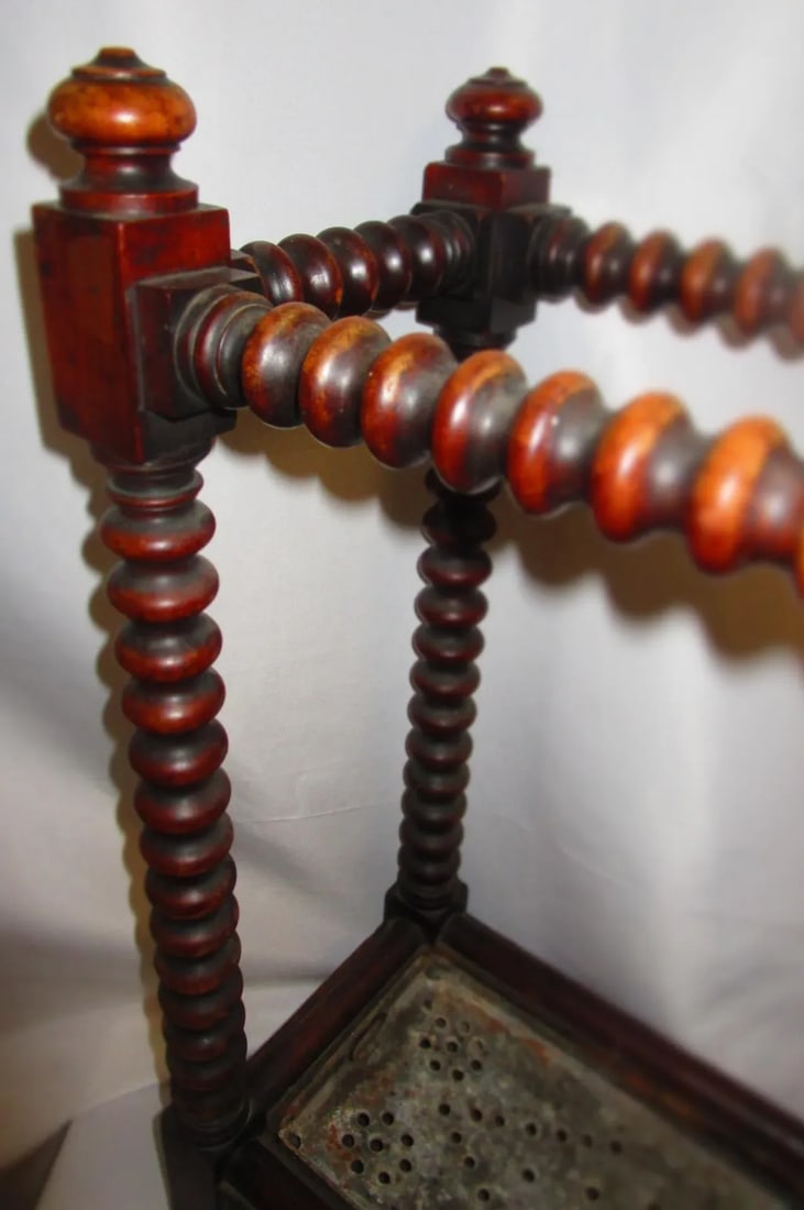 19thc English Oak Petite Size Umbrella Stand W/Spool Construction & Metal Liner - 8