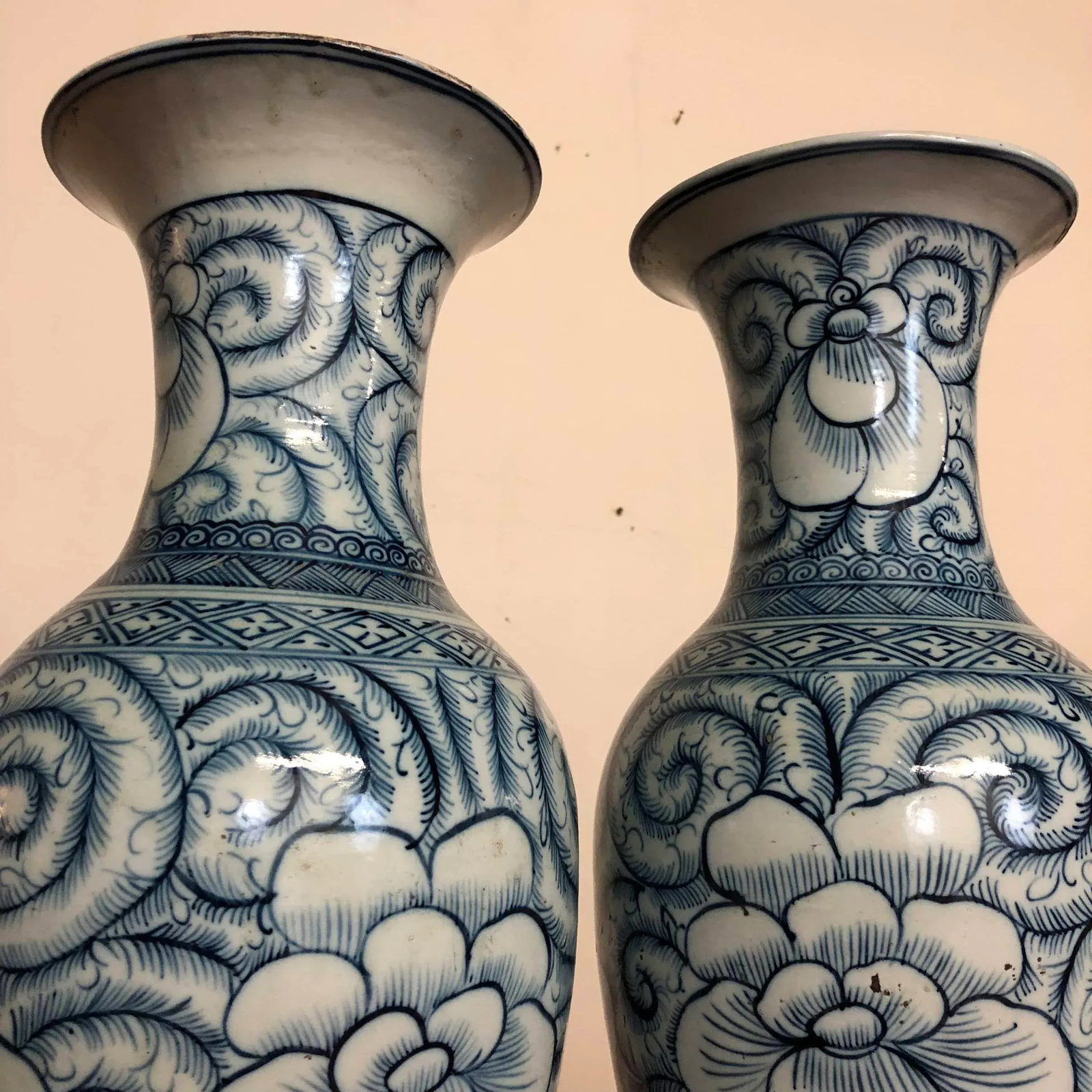 Pair of Blue and White Large Vintage Chinese Porcelain Vases - 6
