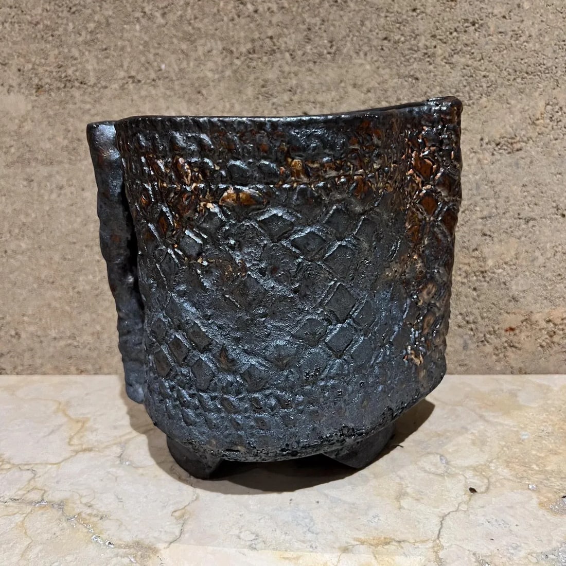 1960s Architectural Pottery Garden Pot Blue Gray Textured Planter - 4