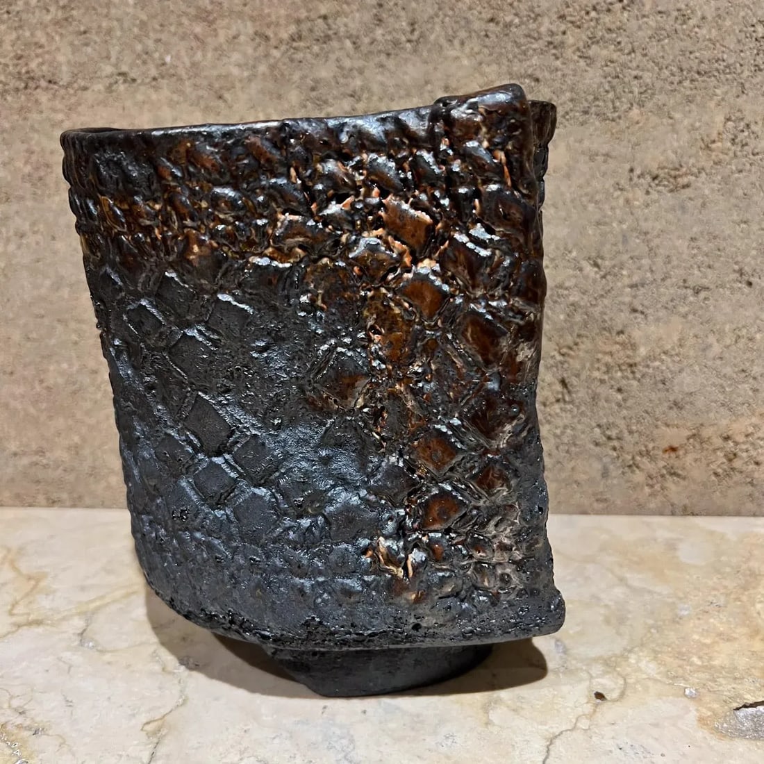 1960s Architectural Pottery Garden Pot Blue Gray Textured Planter - 5