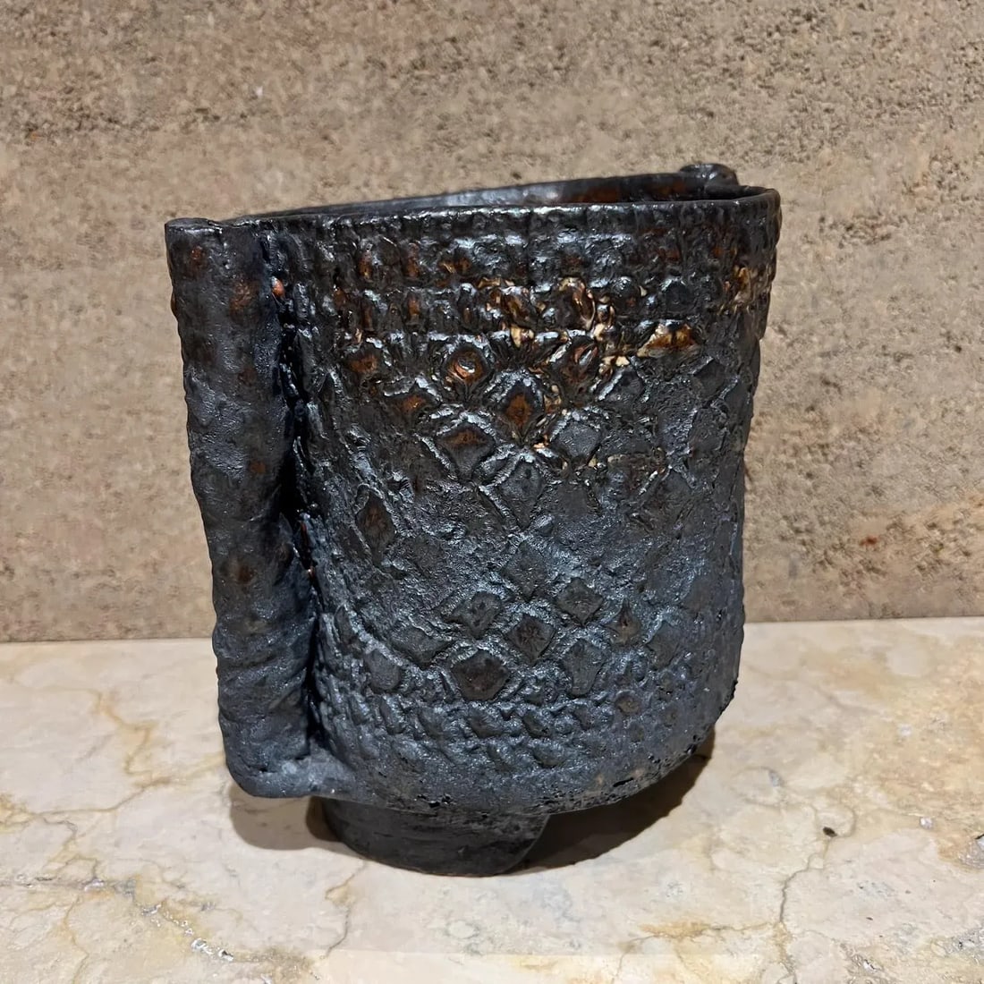 1960s Architectural Pottery Garden Pot Blue Gray Textured Planter - 7