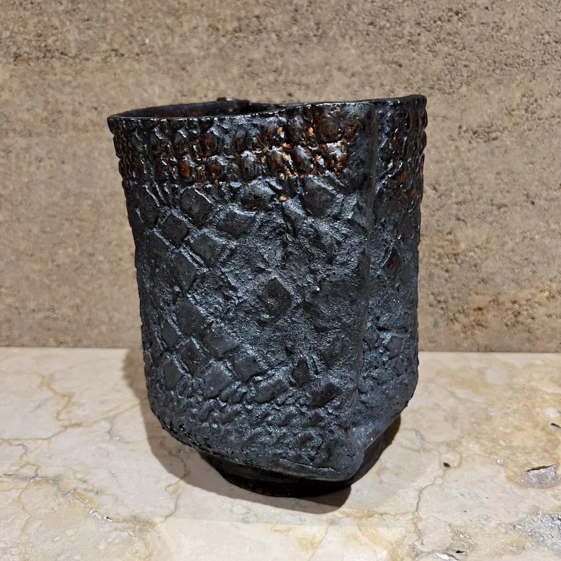 1960s Architectural Pottery Garden Pot Blue Gray Textured Planter - 9