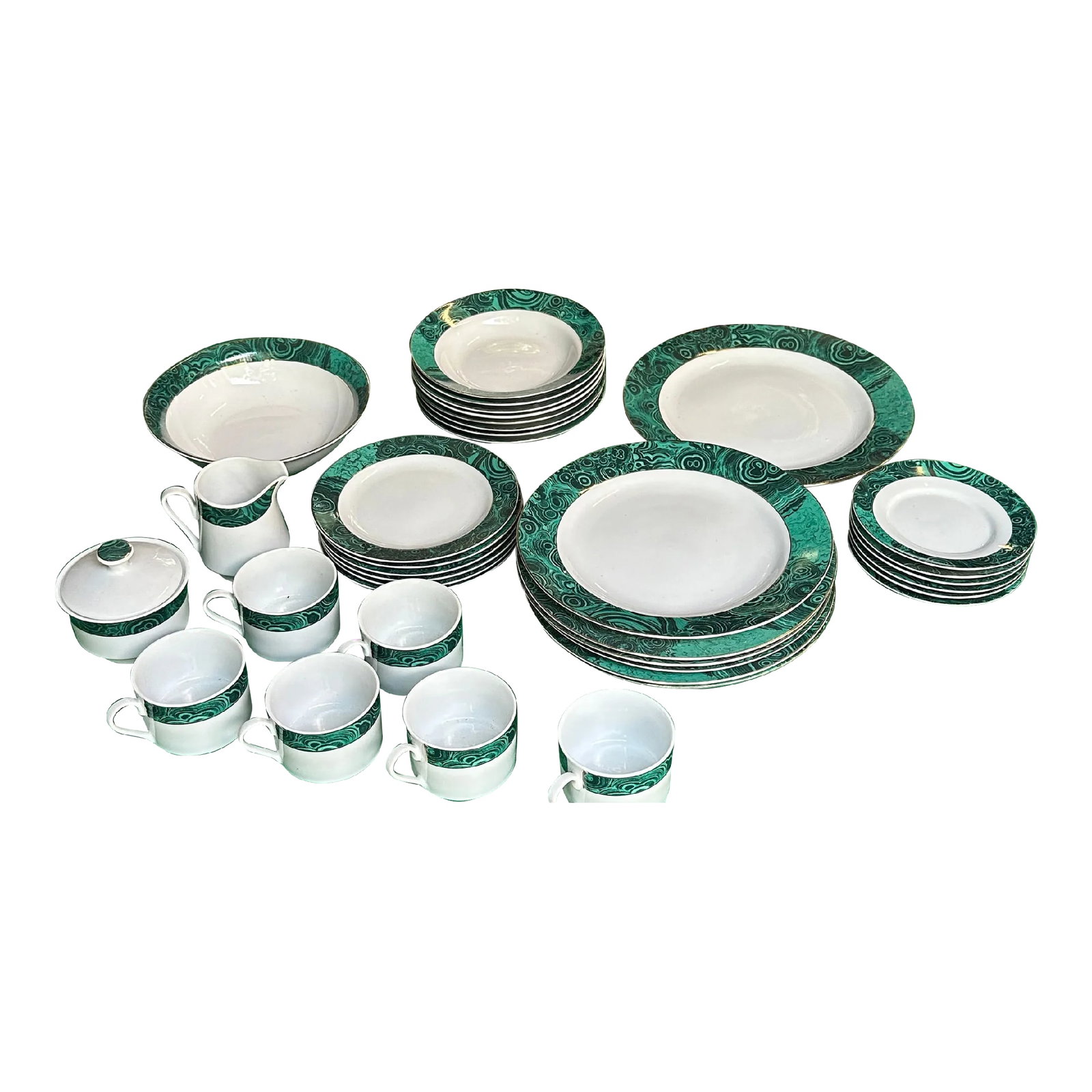 1970s Malachite Dinnerware Collection With Gold Lining- 37 Pieces: Up for consideration is a beautiful ceramic dinnerware collection with malachite details. These would look lovely in your home and they are a great find for the interior design enthusiast. Please chec
