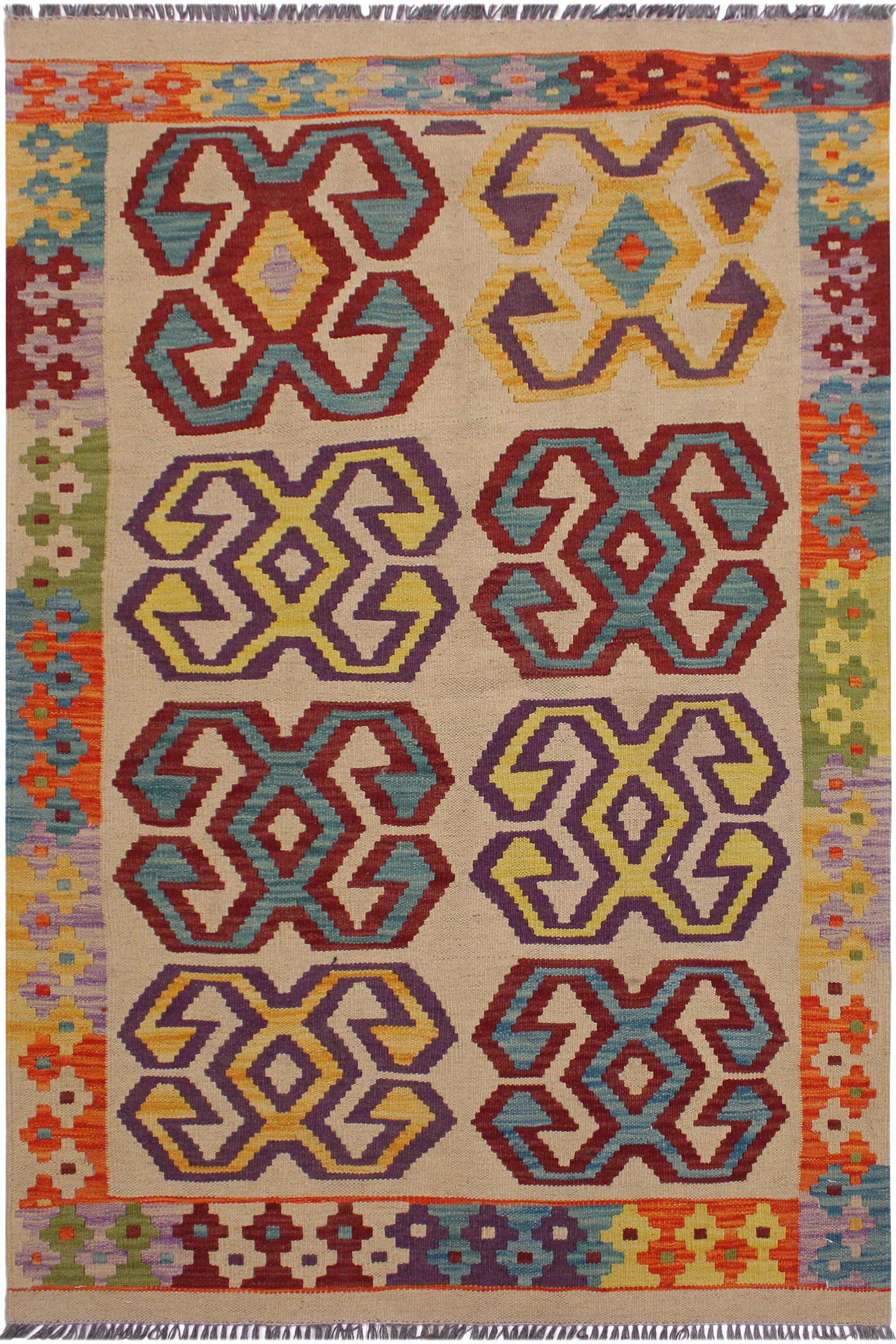Navajo Style Kilim Beige/Red Hand-Woven Wool Rug- 3'5 X 4'10 (1 of 8)