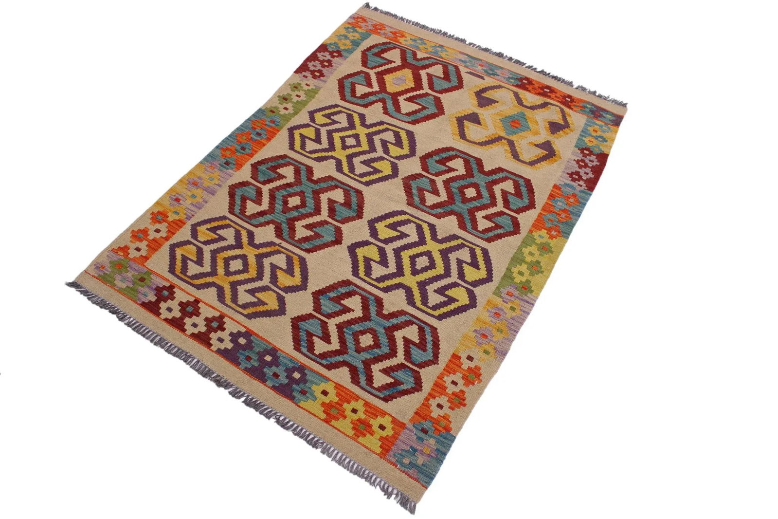 Navajo Style Kilim Beige/Red Hand-Woven Wool Rug- 3'5 X 4'10 - 2