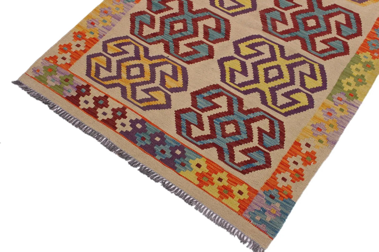 Navajo Style Kilim Beige/Red Hand-Woven Wool Rug- 3'5 X 4'10 - 3