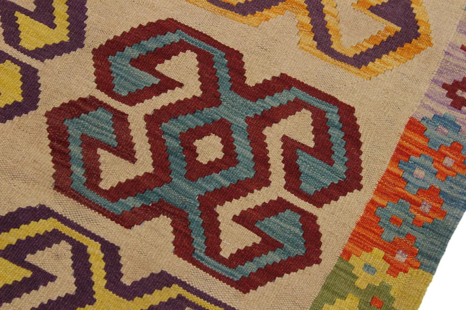 Navajo Style Kilim Beige/Red Hand-Woven Wool Rug- 3'5 X 4'10 - 4