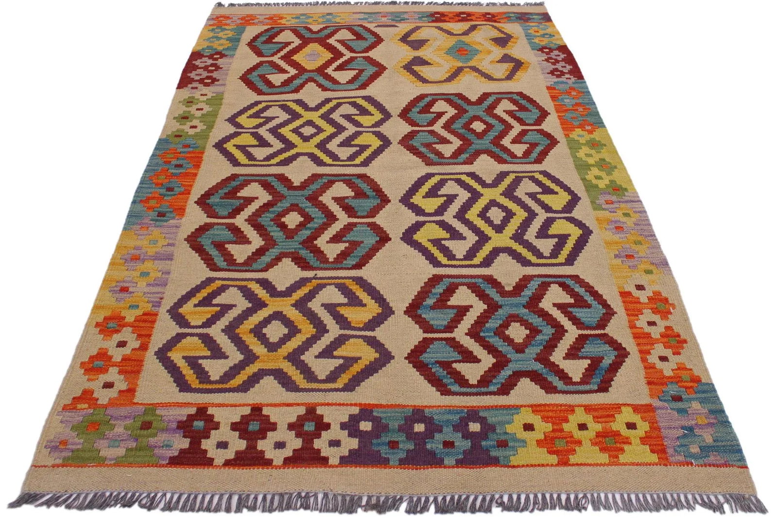 Navajo Style Kilim Beige/Red Hand-Woven Wool Rug- 3'5 X 4'10 - 5