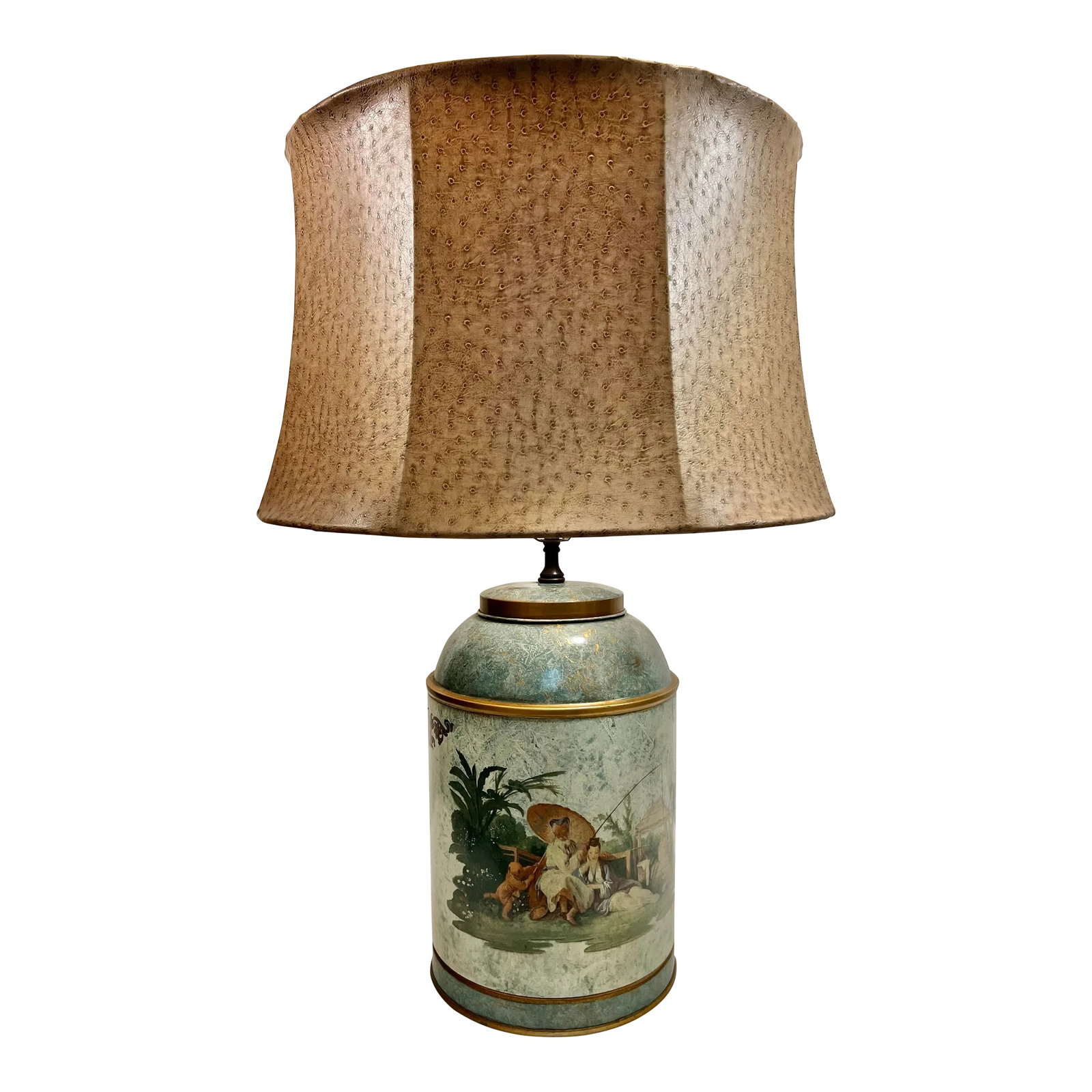 Vintage Chelsea House Chinouserie Style Ginger Jar Tea Caddy Tin Table Lamp With Shade: Introducing the Vintage Chelsea House Chinouserie Style Ginger Jar Tea Tin Table Lamp with a stunning cream, light green, and gold mottled finish. This exquisite lamp showcases a classic Chinouserie s