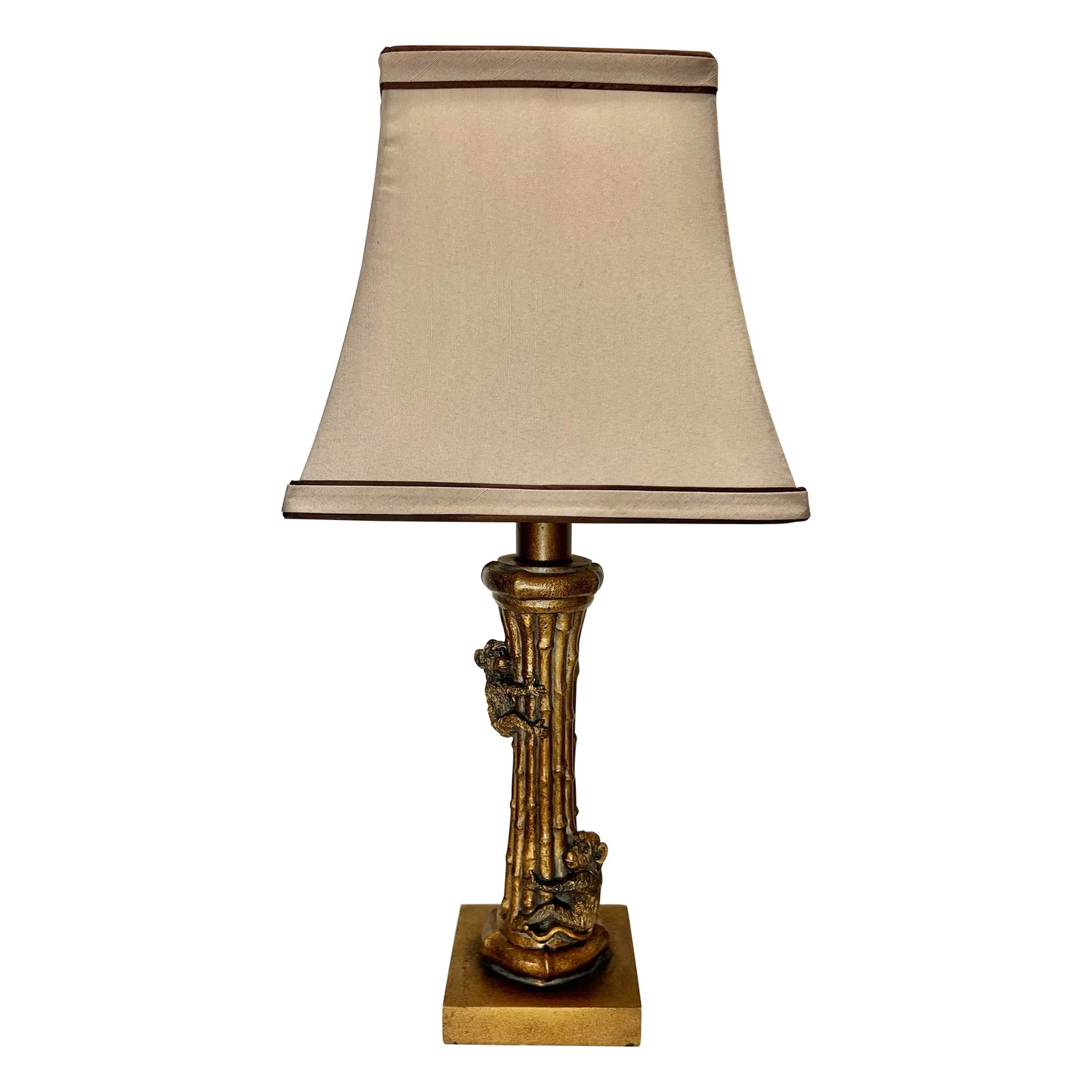 Vintage Two Monkey's Climbing Faux Bamboo Gold Petite Table Lamp: Introducing the Vintage Two Monkey's Climbing Faux Bamboo Gold Petite Table Lamp with Shade! This unique and charming lamp is a true conversation starter. The lamp features two playful monkeys frolick