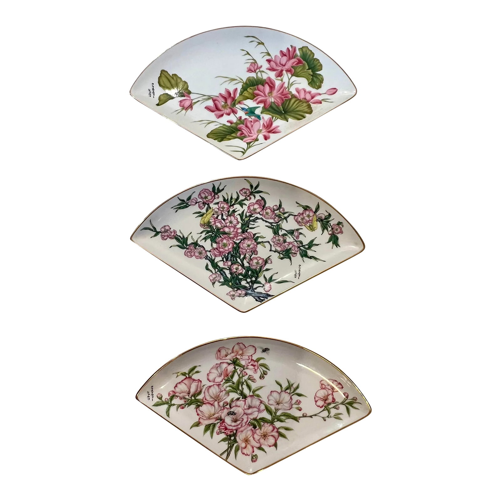Vintage Chinoiserie "Blossoms of the Japanese Year" Set of Three: Introducing the exquisite Vintage 1980's Kyoto Imperial Porcelain "Blossoms of the Japanese Year" Set of Three. This limited edition set showcases the beauty and artistry of Japanese porcelain craftsm