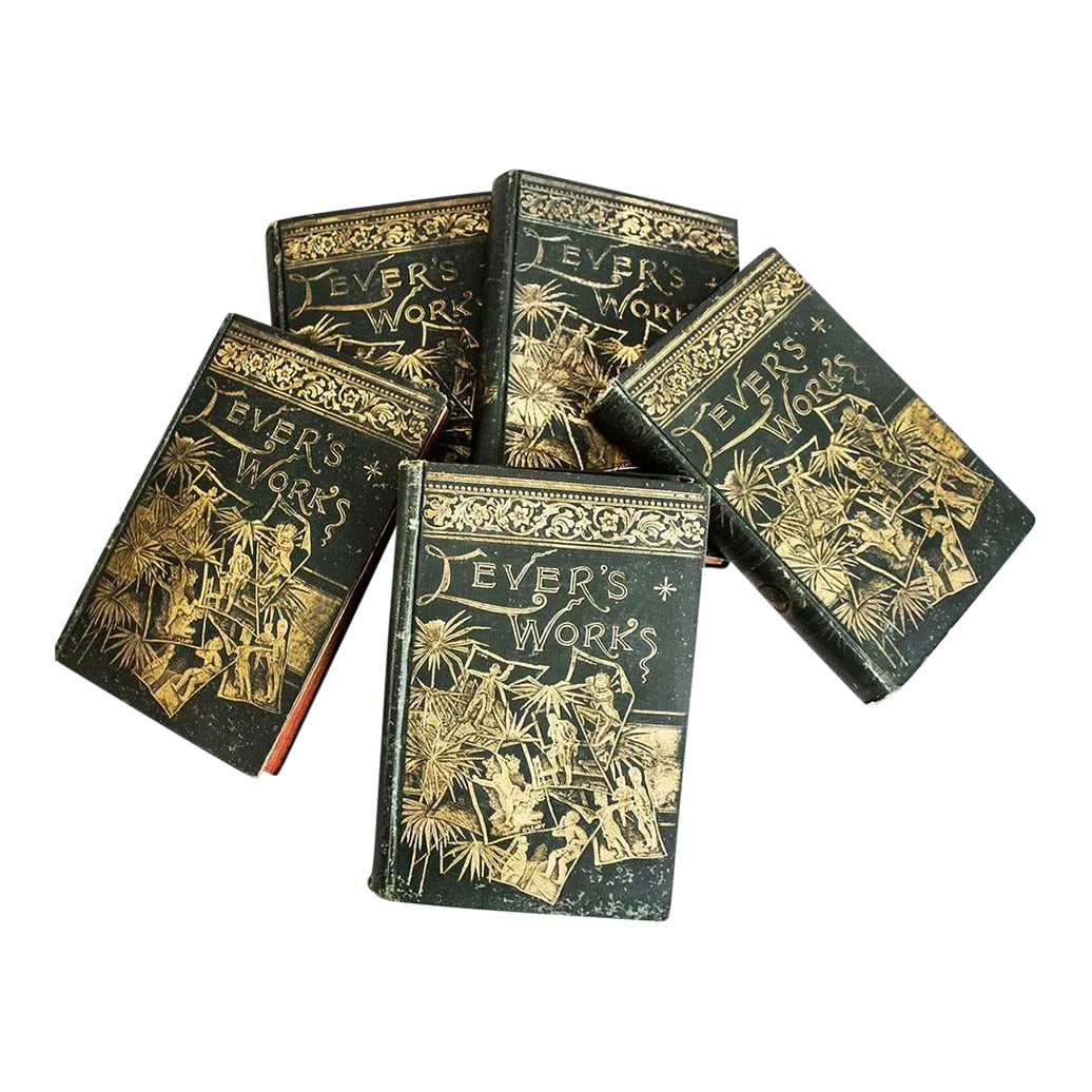 Antiquarian Book Set Lever's Works - Five Volumes: Five volume set of Lever's Works, green cloth covers with amazing gold gilt lettering/design. Published by P .F. Collier, New York circa 1882. Each volume has approximately 20 illustrations. Set