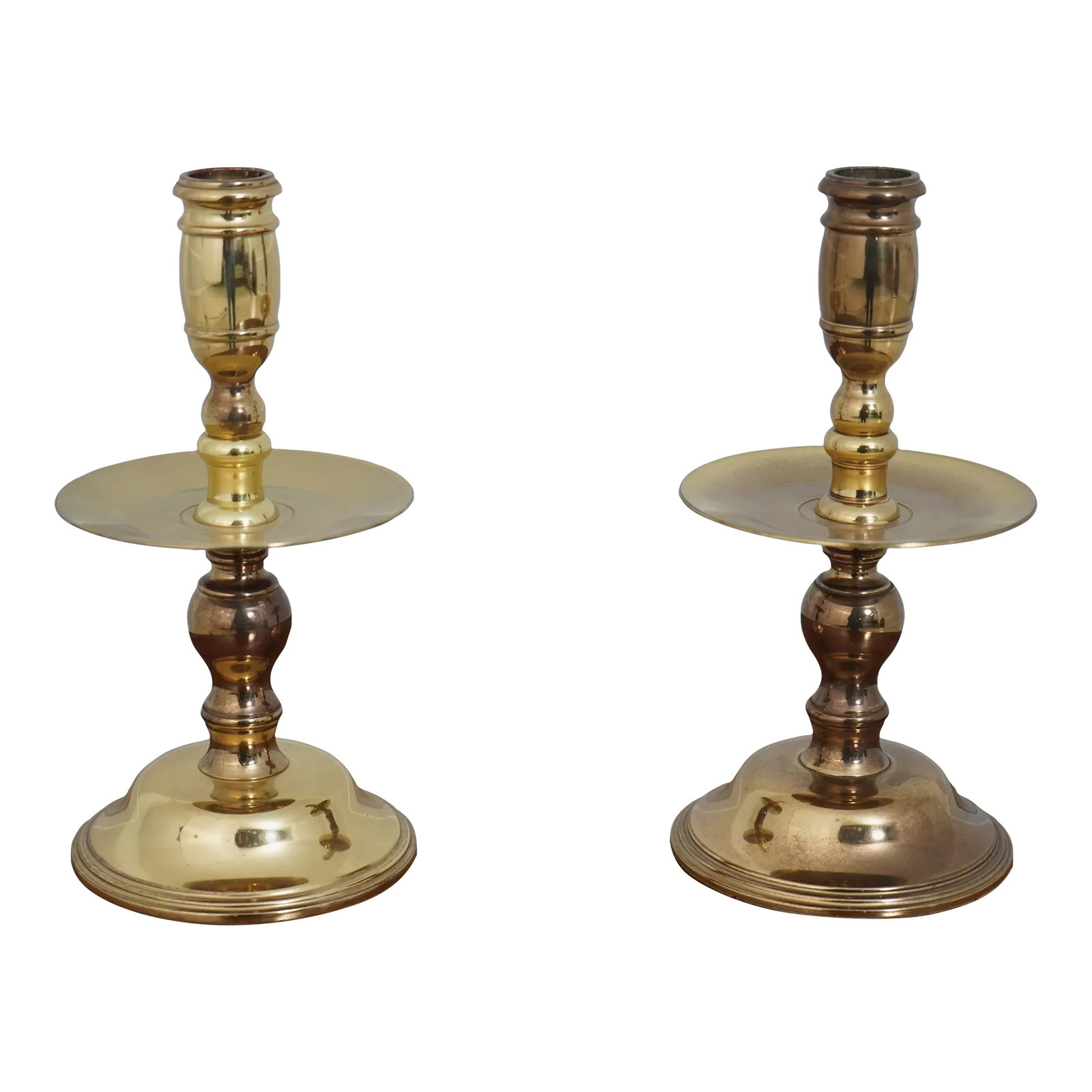 Pair Baldwin Williamsburg Style Solid Brass Candlesticks: Age: Approx: 20 Years Old Details: High Quality Construction 18 C. Design Traditional Style Bright Polished Brass Condition: Excellent Original Finish & Condition Size: 4.5w x 4.5d x 8.5h Condition: