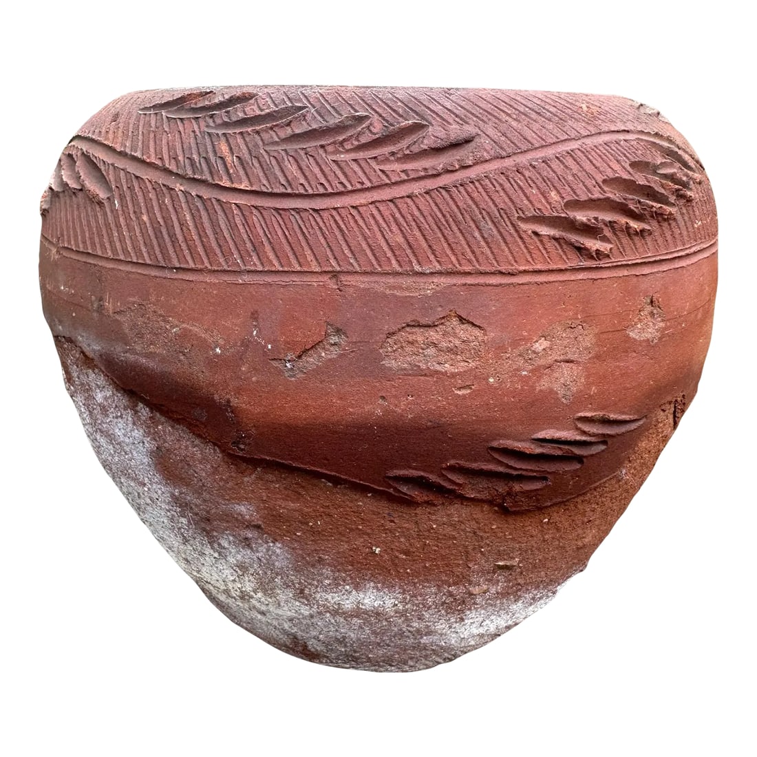 Vintage Terracotta Hand Thrown Planter: Vintage mid 20th century terracotta clay planter. Handsomely aged patina with whiting and the outermost (slip layer) partially worn off. Hand thrown and decorated with pottery tools. Great use of thre