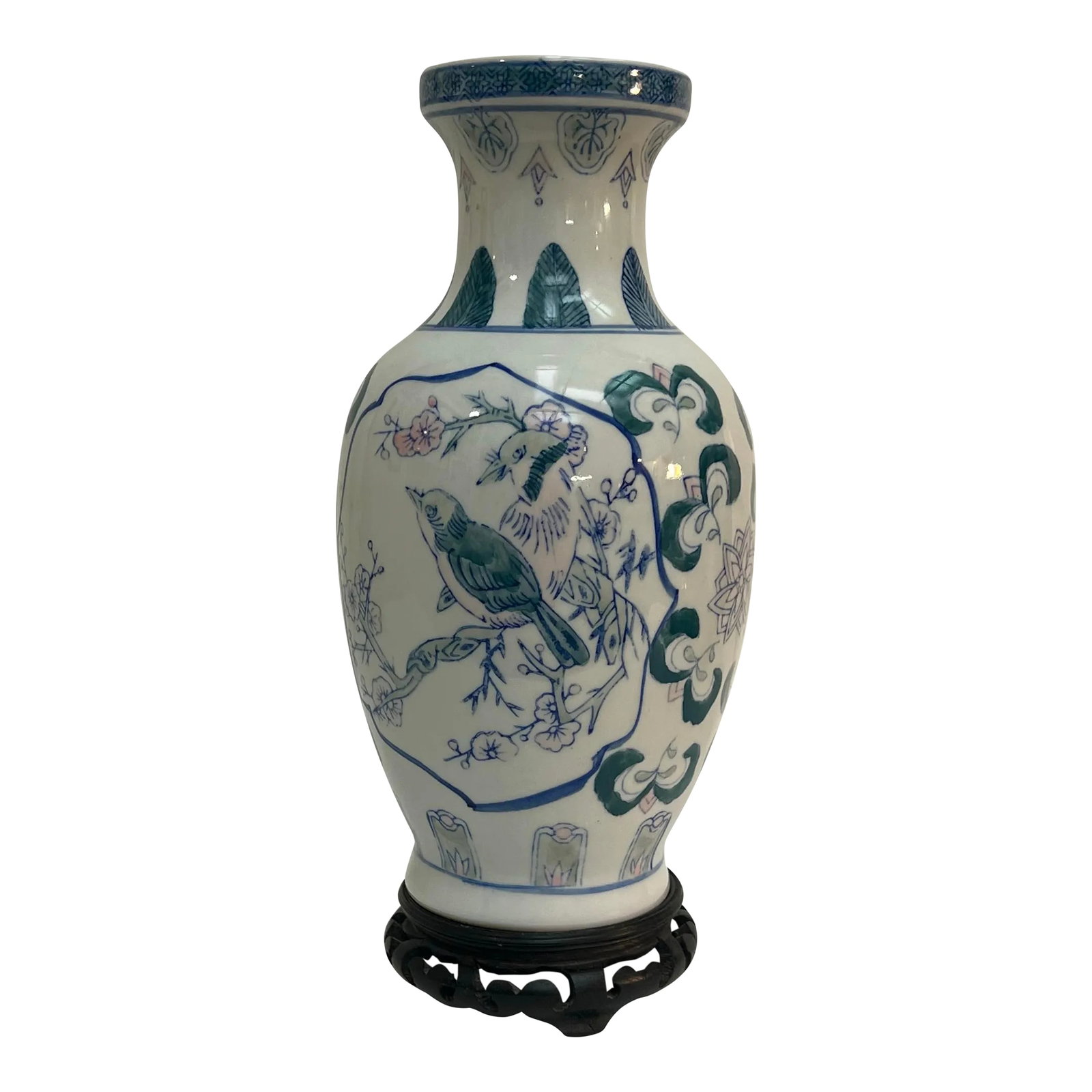 Vintage Pink and Blue Chinoiserie Porcelain Vase With Lovebirds: This Vintage Chinoiserie Pink and Blue Porcelain Vase is truly a unique and beautiful piece that will add a touch of elegance to any space. The delicate design features charming lovebirds amidst a stu