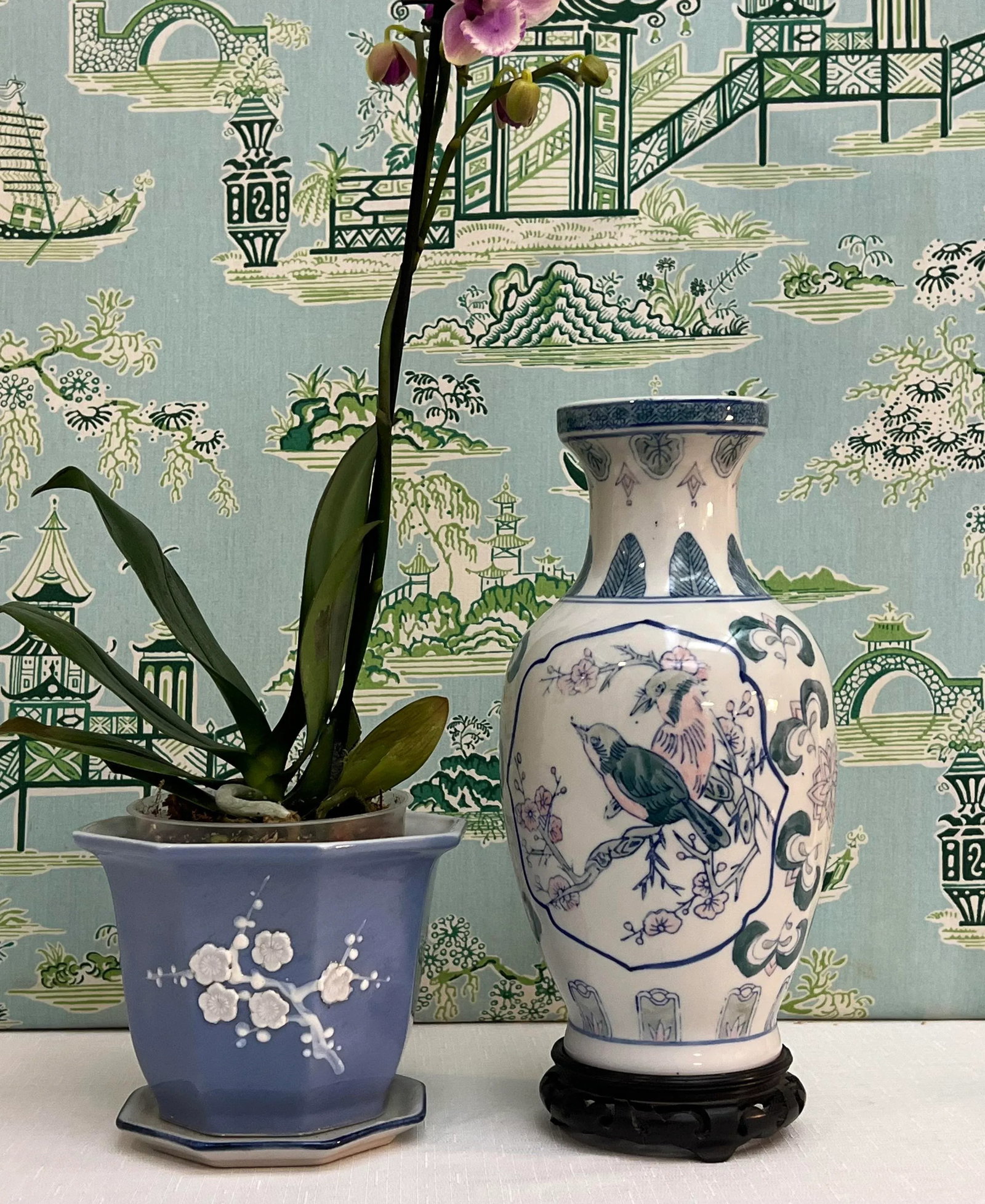 Vintage Pink and Blue Chinoiserie Porcelain Vase With Lovebirds - 6