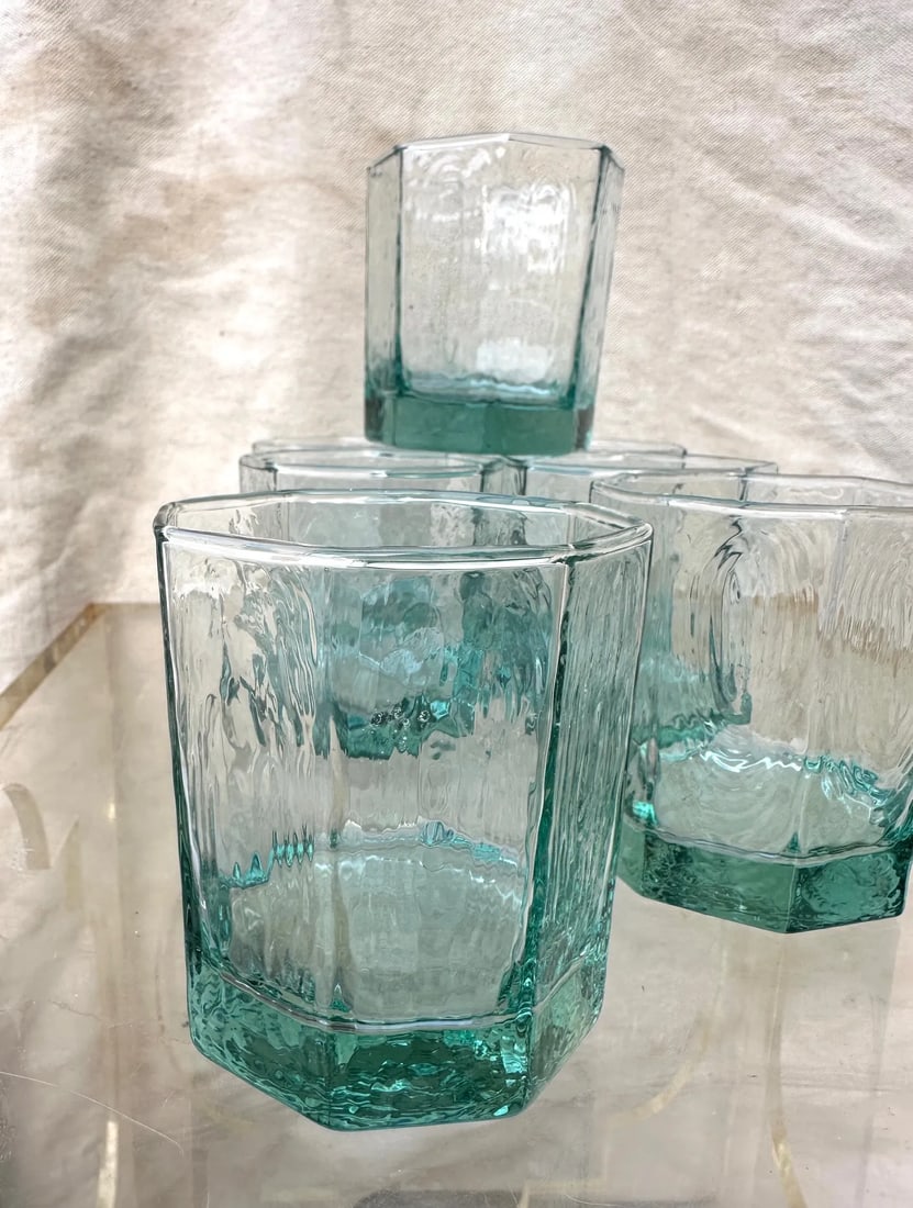Vintage Libby Facets Green Hexagonal Old Fashion Glassware-A Set - 2