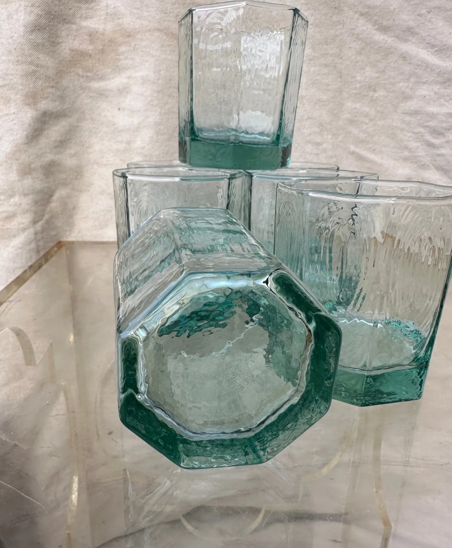 Vintage Libby Facets Green Hexagonal Old Fashion Glassware-A Set - 3