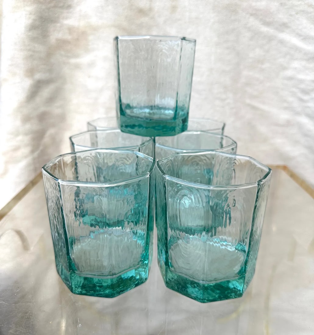 Vintage Libby Facets Green Hexagonal Old Fashion Glassware-A Set - 4
