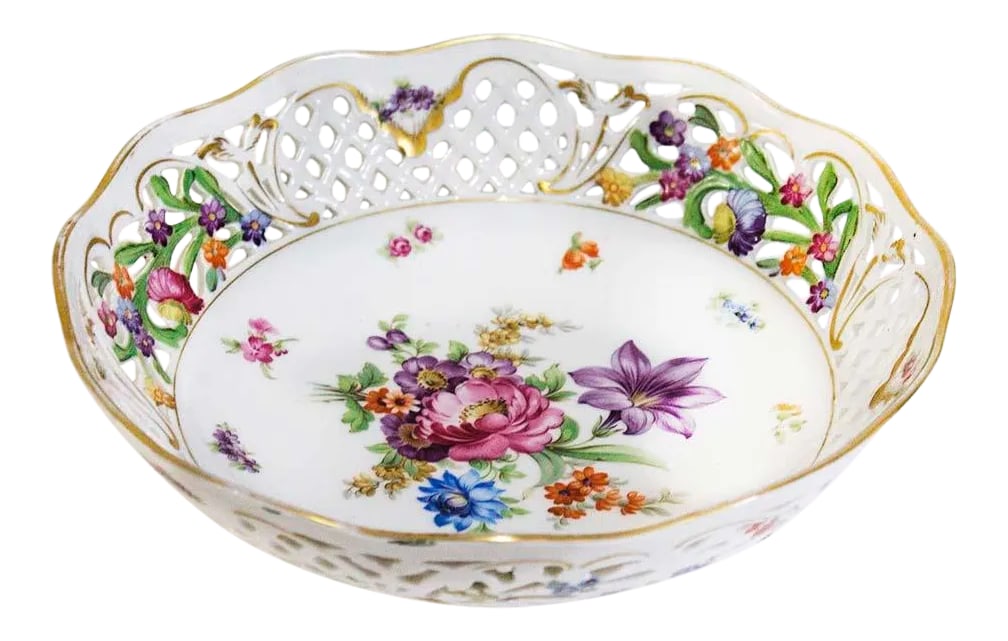 Empress Dresden Flowers Reticulated Bowl by Schumann - Bavaria: Empress Dresden Flowers Reticulated/pierced Bowl by Schumann - Bavaria. Large in size measuring 9 7/8" diameter x 3 1/4" high. Condition: Alterations: Original Condition Unaltered Imperfections: Some