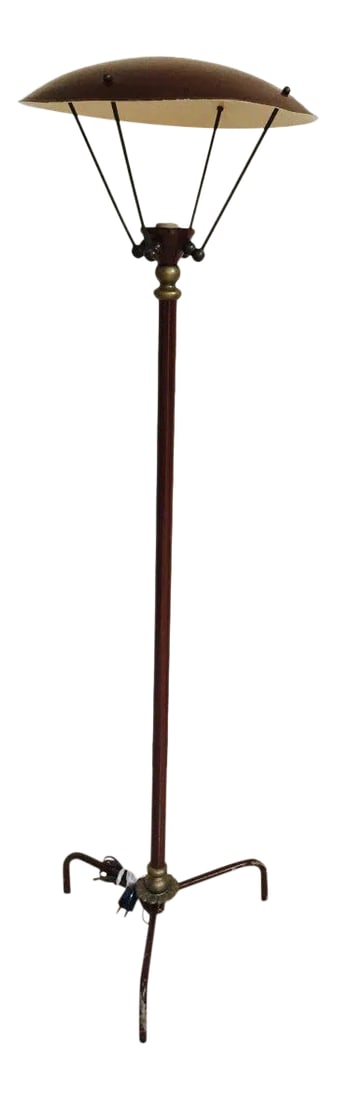 Sculptural Vintage French Tripod Floor Lamp Brown Enamel Shade, 1950s: A Sculptural vintage French tripod floor lamp. Substantial midcentury vintage brown enamel and brass floor lamp from the 1950s. Architectural, sculptural, statement lighting featuring a tubular brown 