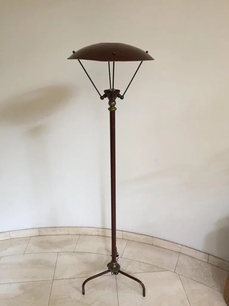 Sculptural Vintage French Tripod Floor Lamp Brown Enamel Shade, 1950s - 2