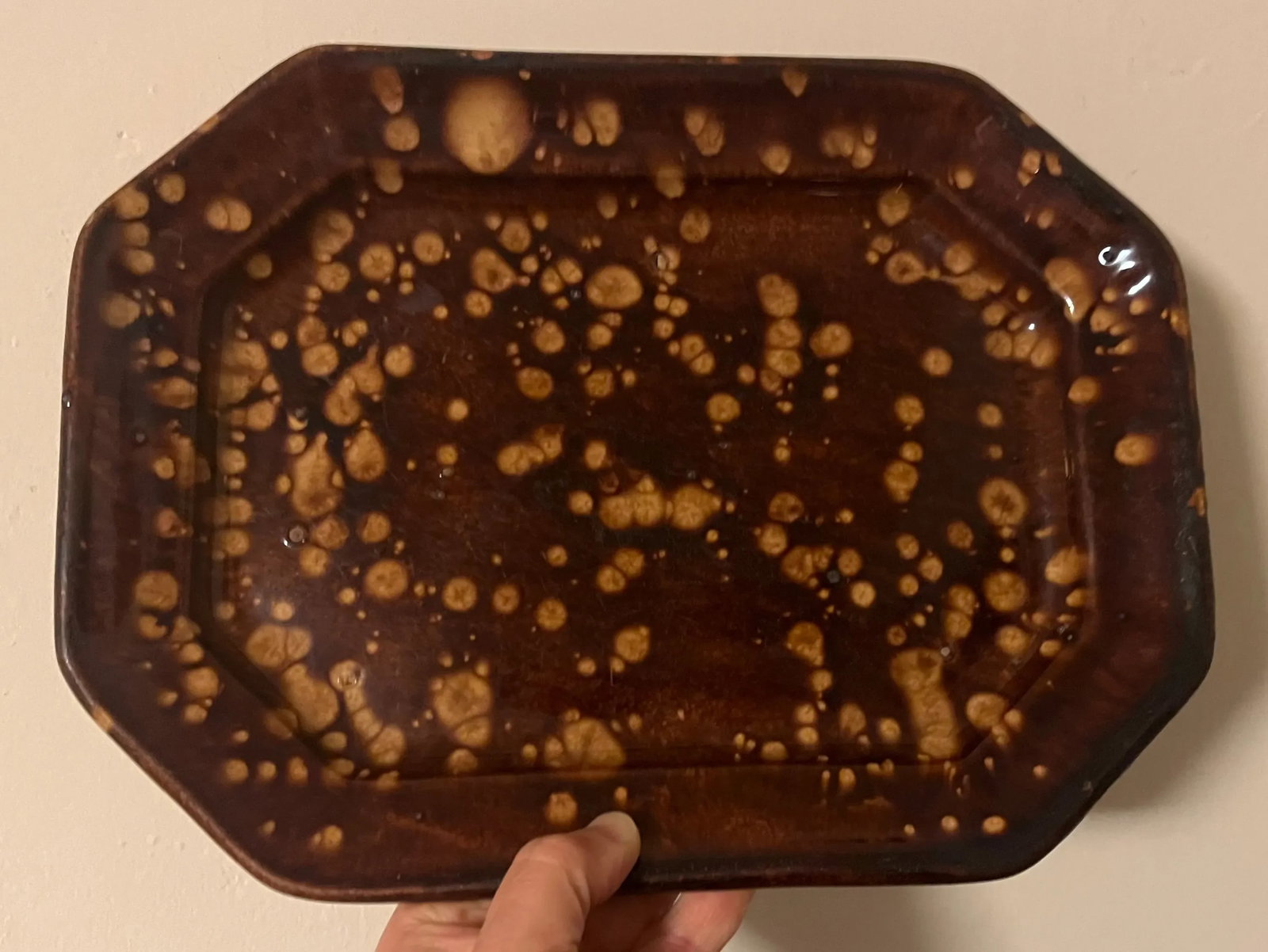 Antique 19th Century Bennington Spatterware Brown Treacle Glaze Octagonal Platter Circa 1830 - 1840 - 8