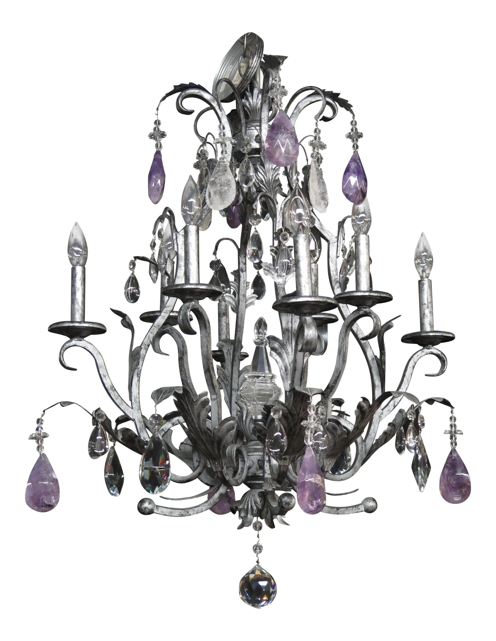 Decorator Amethyst Rock Crystal Chandelier: Approx: 20 Years Old High Quality Construction High Quality Rock Crystal Prisms Ready To Be Hung In Your Home Condition: Alterations: Original Condition Unaltered Imperfections: Some Imperfections