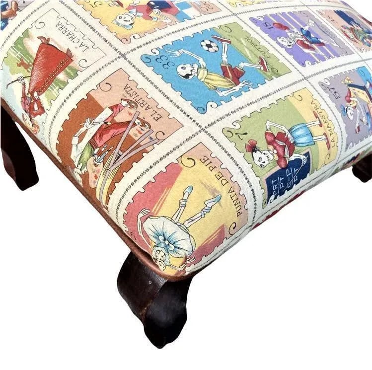 Mexican Loteria Fabric and New Leather Upholstery on Antique Footstools - a Pair - 2