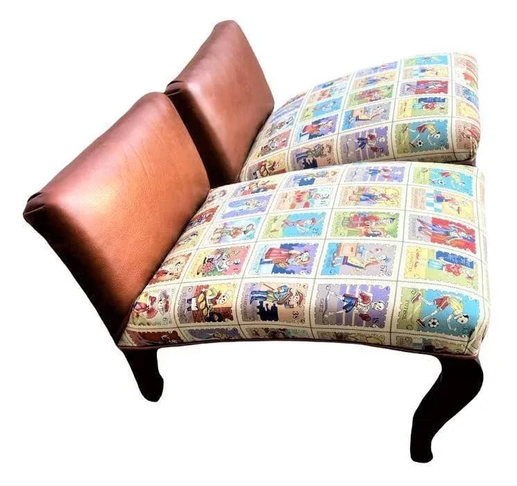 Mexican Loteria Fabric and New Leather Upholstery on Antique Footstools - a Pair - 3
