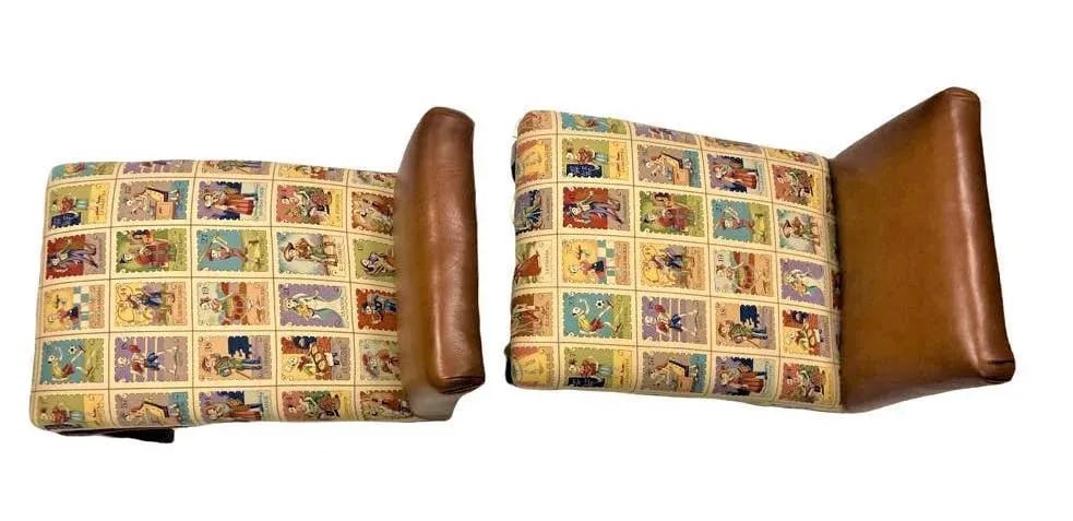Mexican Loteria Fabric and New Leather Upholstery on Antique Footstools - a Pair - 4
