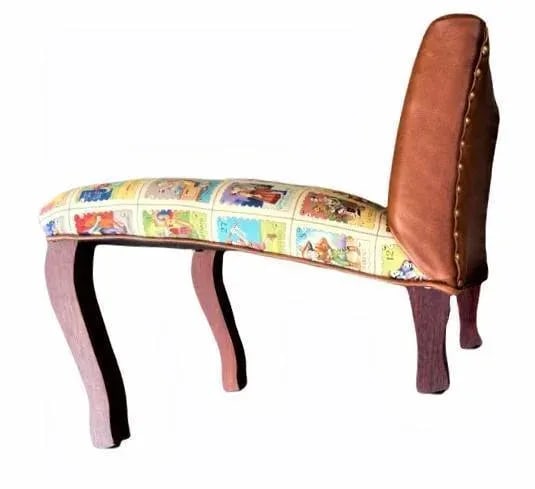 Mexican Loteria Fabric and New Leather Upholstery on Antique Footstools - a Pair - 5