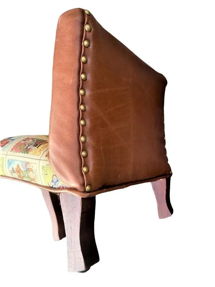 Mexican Loteria Fabric and New Leather Upholstery on Antique Footstools - a Pair - 6