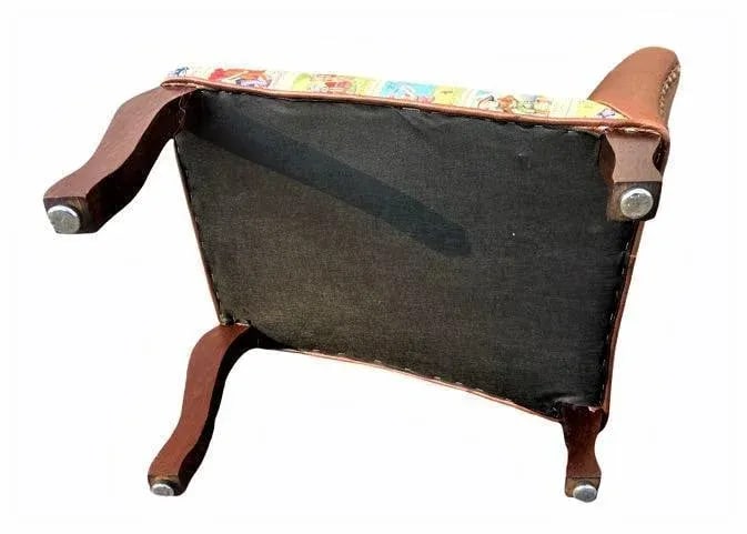 Mexican Loteria Fabric and New Leather Upholstery on Antique Footstools - a Pair - 7