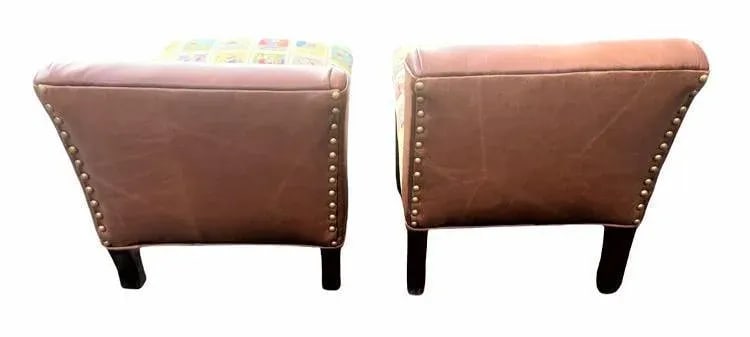 Mexican Loteria Fabric and New Leather Upholstery on Antique Footstools - a Pair - 8