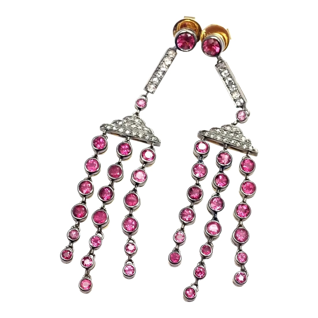 Laura Munder 18k Yellow Gold Diamond Pink Sapphire Earrings - A Pair: These earrings are for pierced ears. Metal: 18k yellow gold Measurements: 2 3/4" x 1/2" Weight: 15.9 grams Stones: 42 rose cut diamonds SI1 clarity, H color total weight approximately 1ct 42 pink
