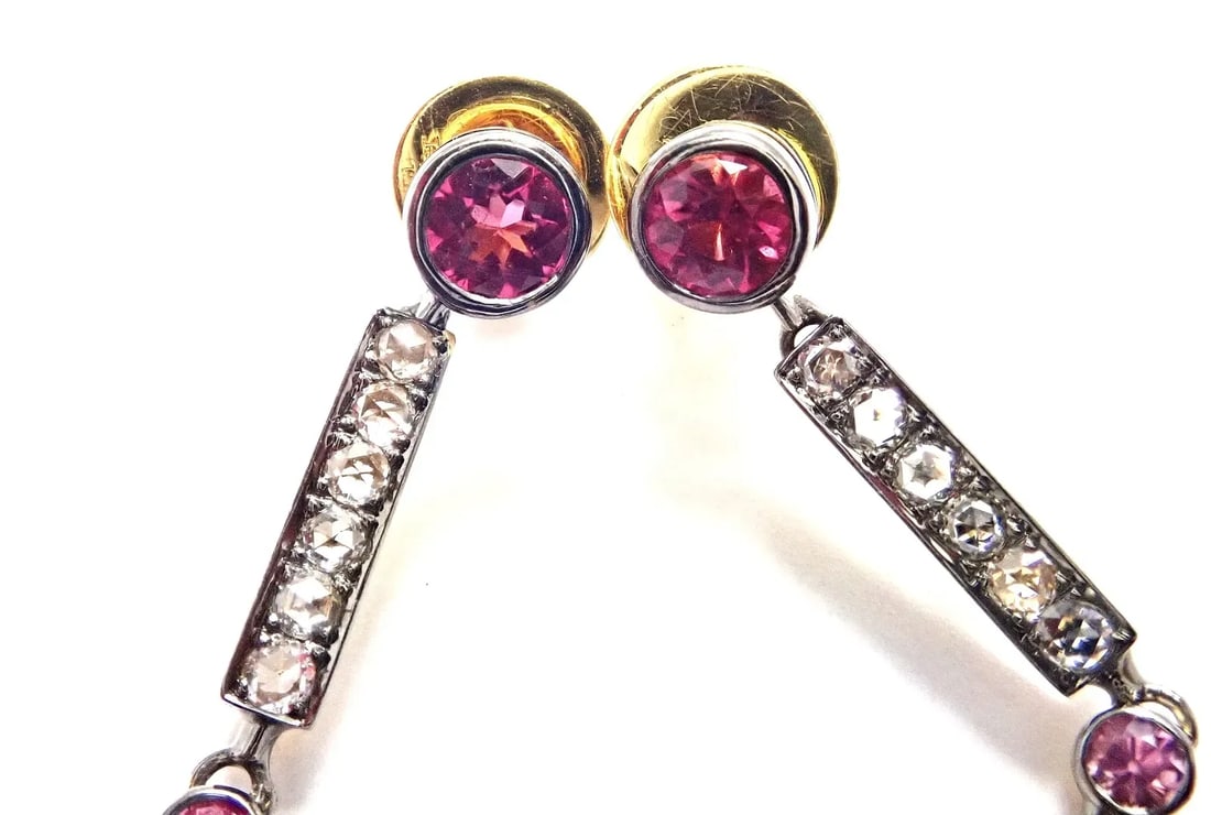 Laura Munder 18k Yellow Gold Diamond Pink Sapphire Earrings - A Pair - 3