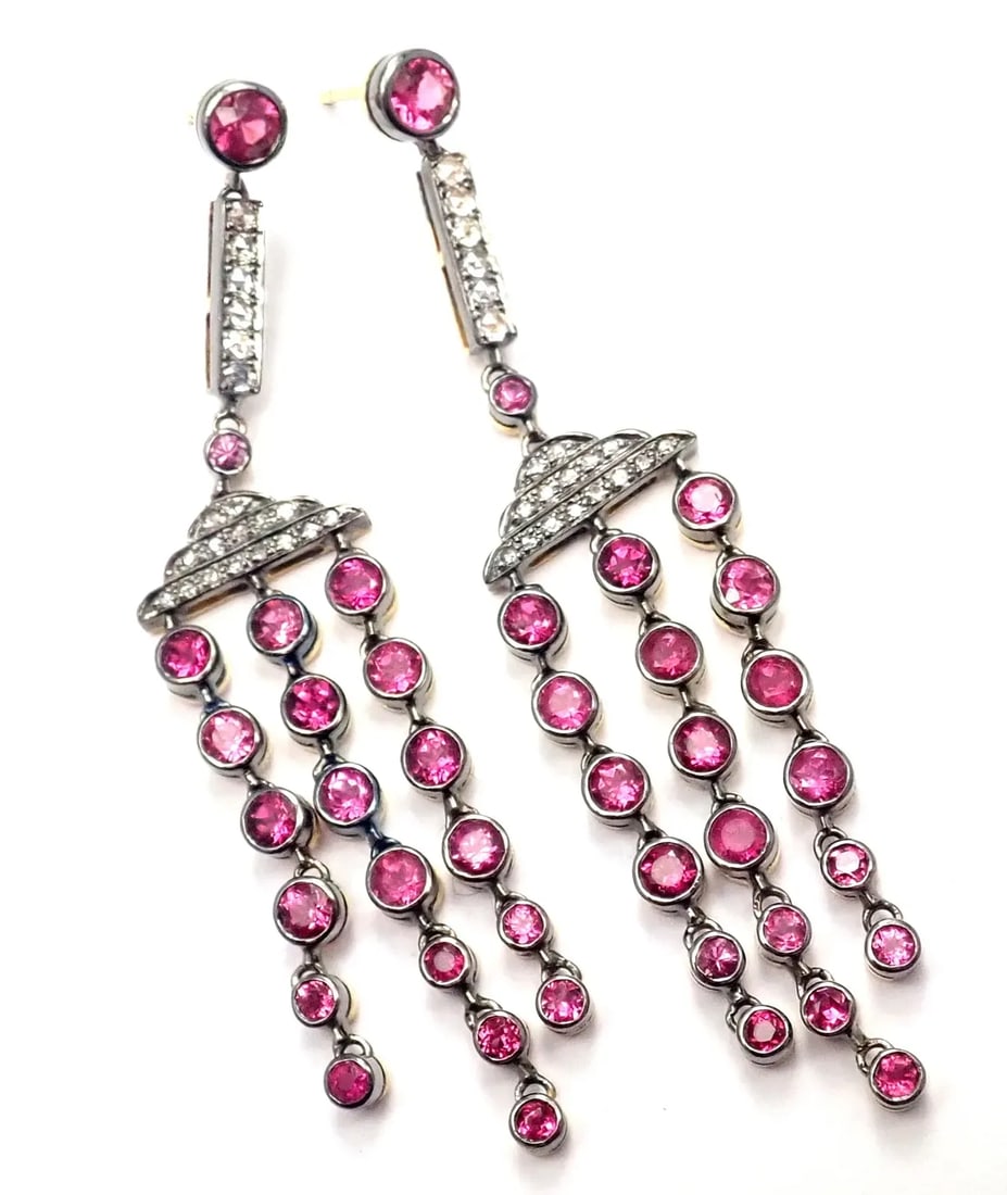Laura Munder 18k Yellow Gold Diamond Pink Sapphire Earrings - A Pair - 5