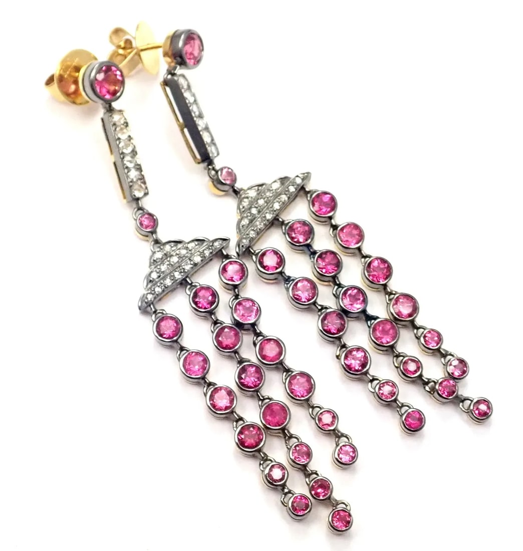 Laura Munder 18k Yellow Gold Diamond Pink Sapphire Earrings - A Pair - 8