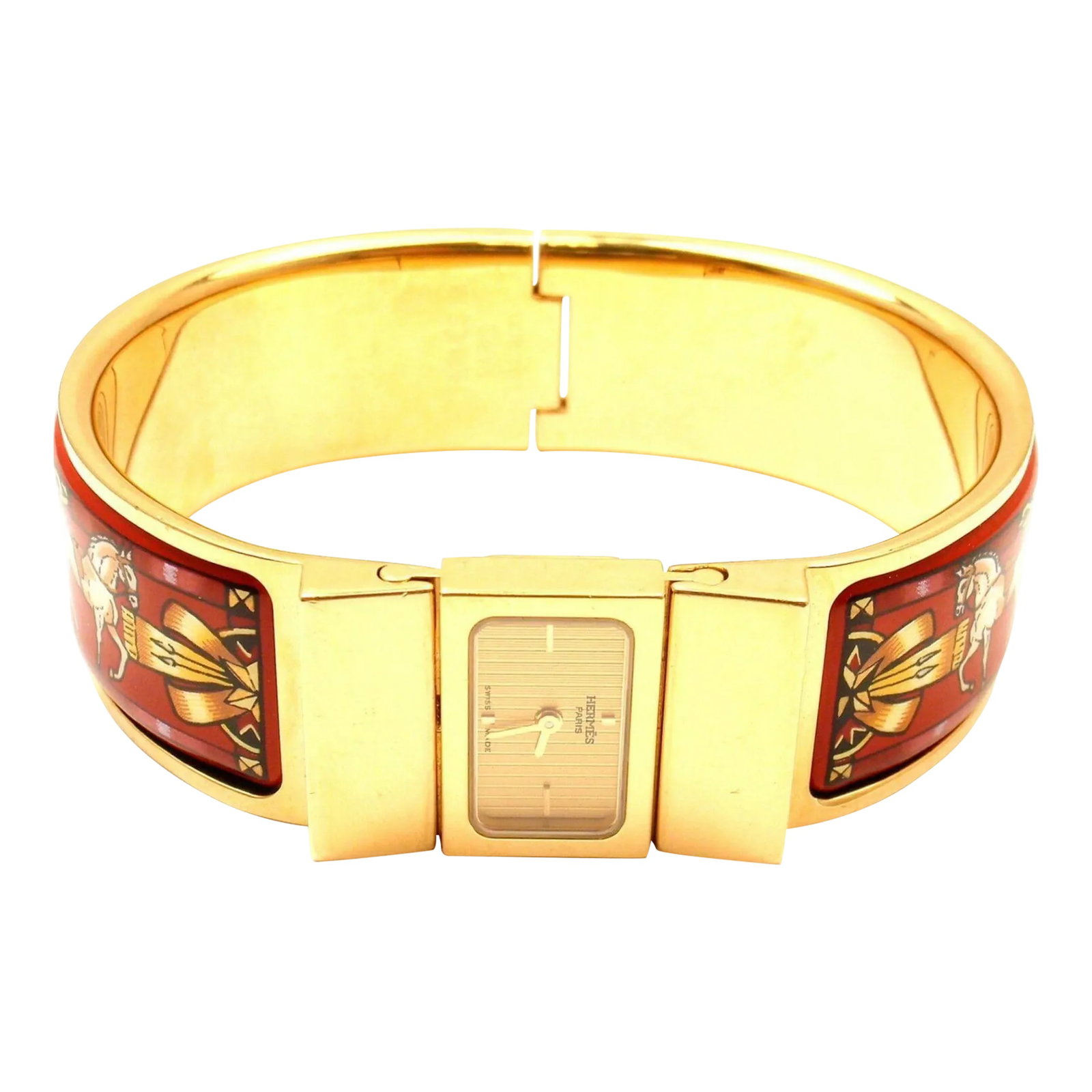 Hermes Loquet Red Horse Equestrian Motif Bangle Bracelet Watch: About This Piece: The gold plate is in great condition. Metal: Gold plated Stainless steel Enamel Measurements Width: 20mm without the crown Length: 7" Crystal sapphire crystal Movement Quartz Hallmar