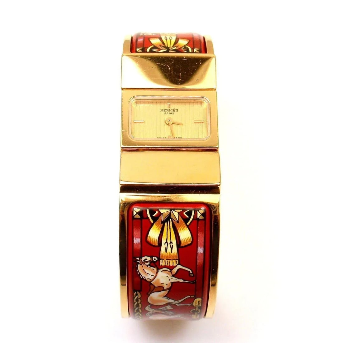 Hermes Loquet Red Horse Equestrian Motif Bangle Bracelet Watch - 6