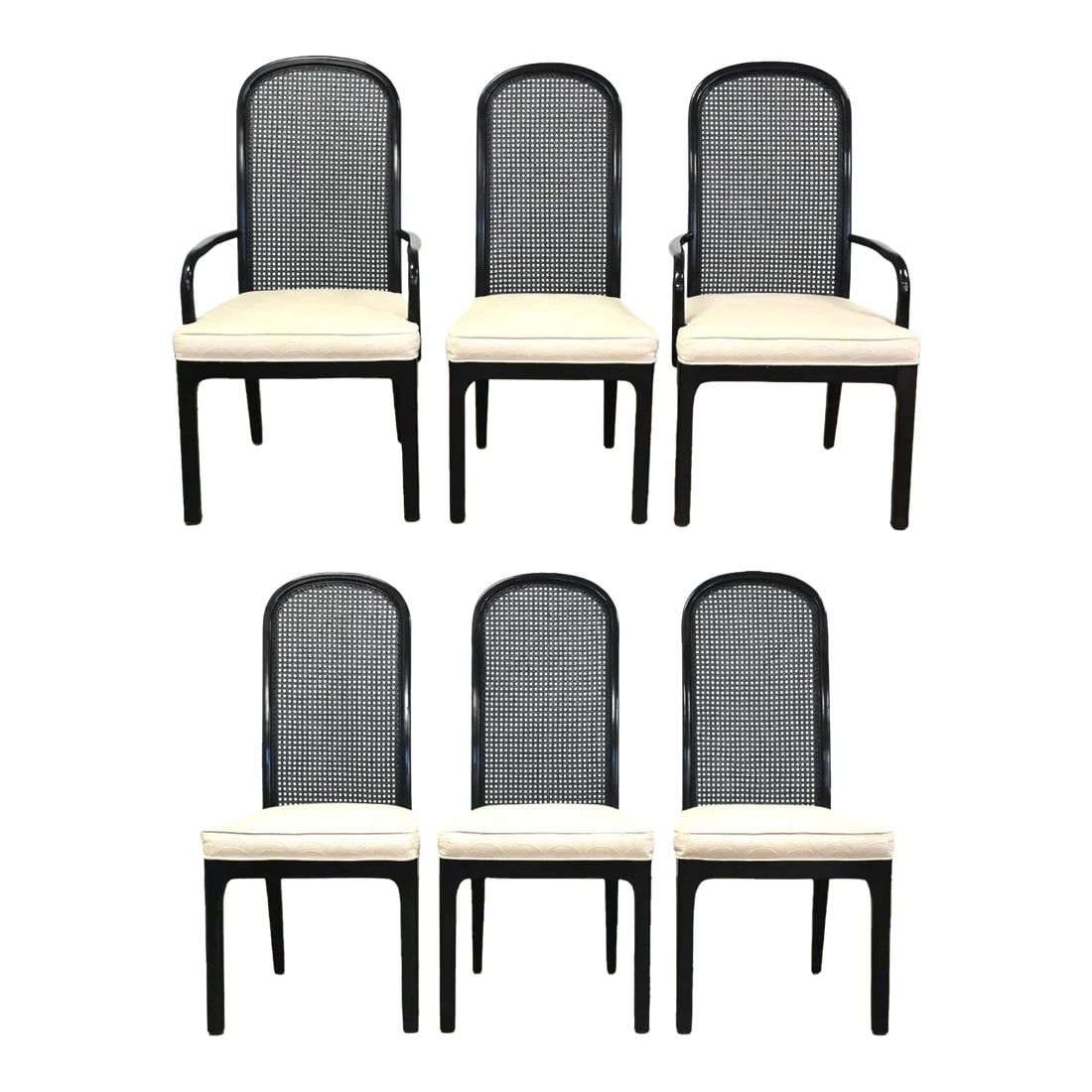 1970s Black Lacquer Dining Chairs - Set of 6: A set of six mid century modern black lacquered dining chairs with cane backs and off white fabric made by Bernhardt Furniture. seat height is 19". Arms are 25" high. 22.25" wide. 24.5" deep. 41.5" ta