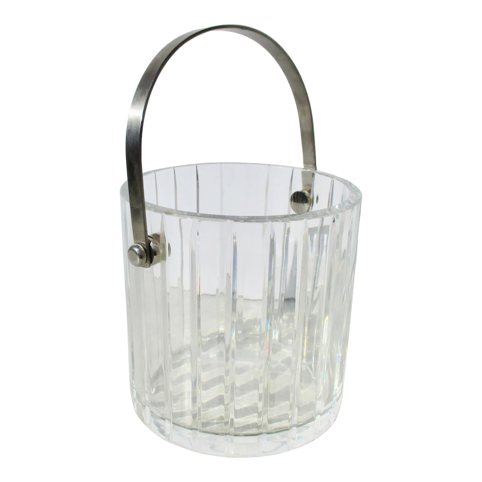 Baccarat Harmonie Ice Bucket: Baccarat Harmonie design ice bucket with Stainless handle and mountings. Vintage piece in excellent condition, lightly used. Marked to the bottom Baccarat France. The measurements are 5" tall by 5" in