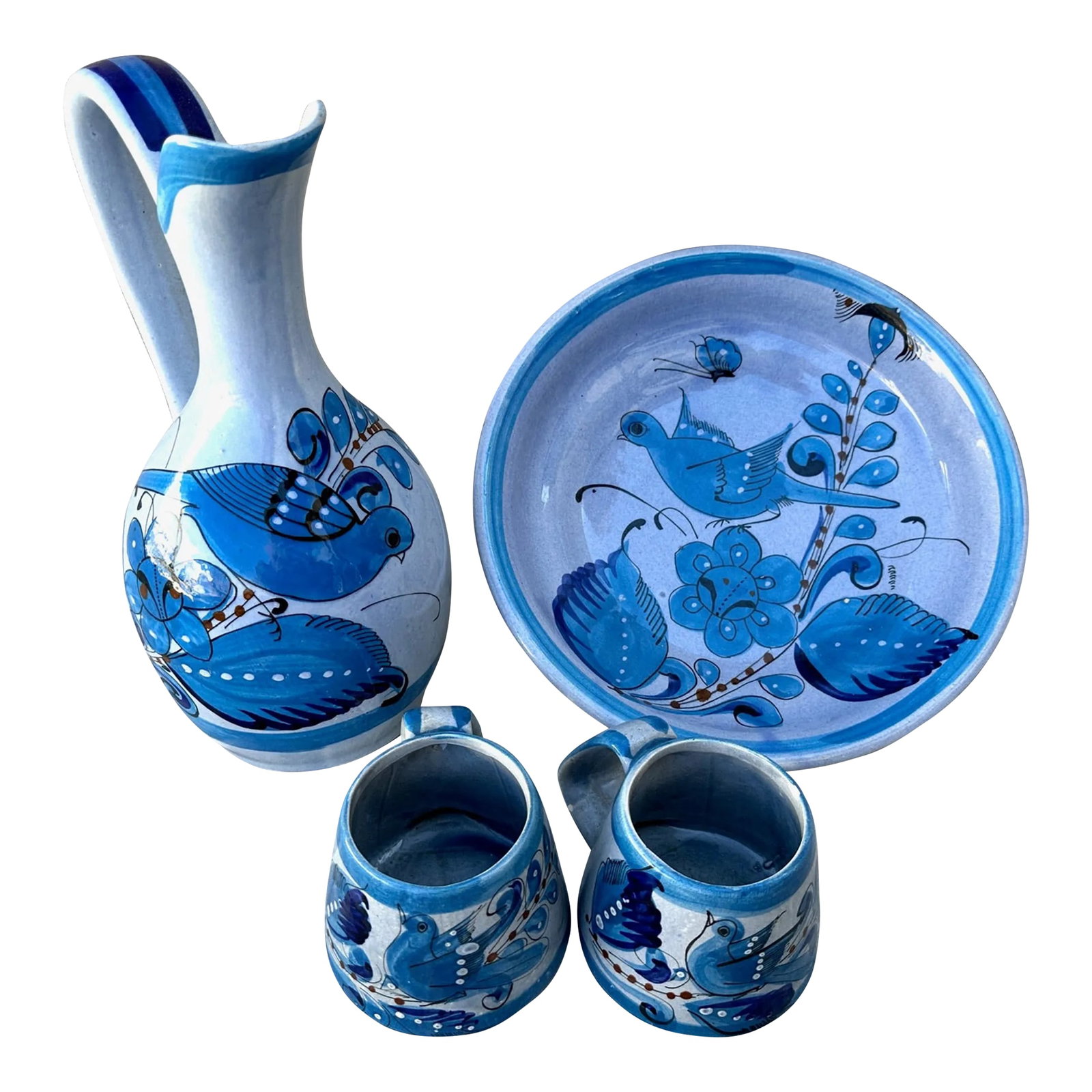 Vintage Ken Edwards Tonala/El Palomar Pottery Blue Bird Set: Vintage Ken Edwards Stoneware Set. Serving bowl, pitcher, and 2 mugs. Tonala Tall Hand Painted Bluebird Pottery Pitcher Mexico, Jalisco Pottery El Palomar Blue Bird Design, 2 large mugs a serving bowl