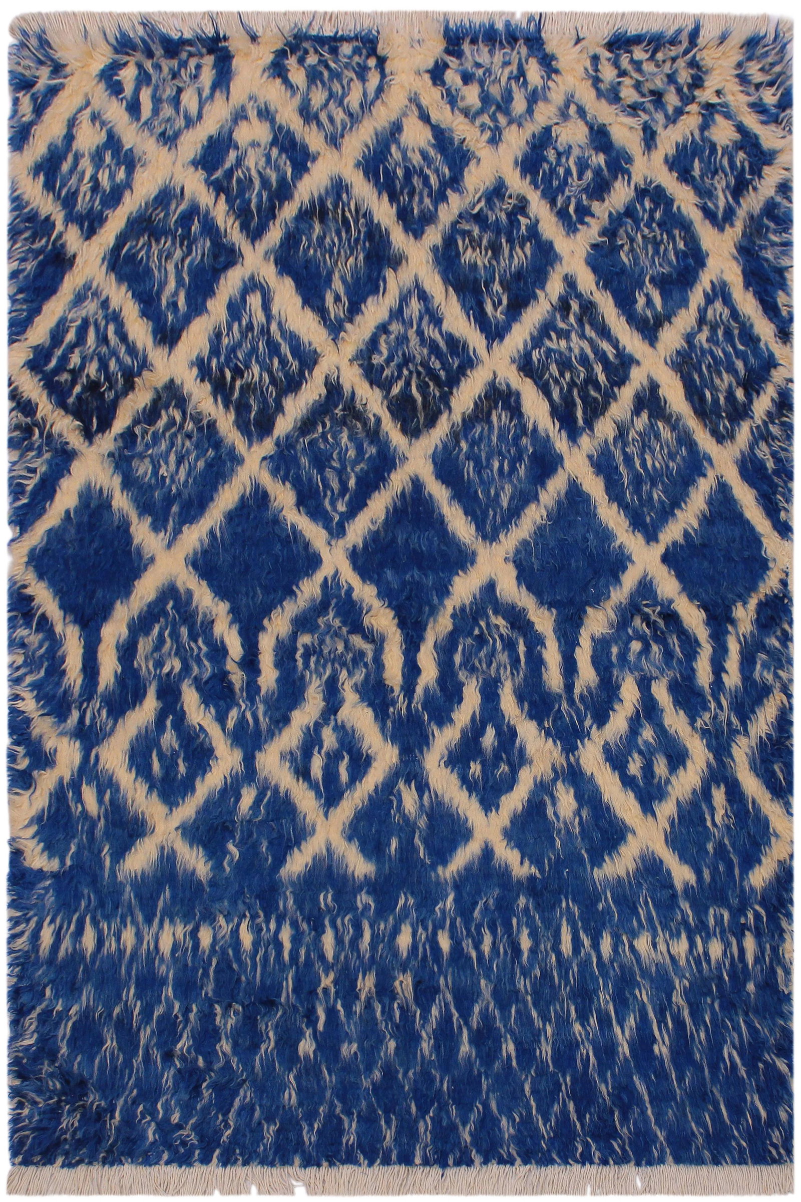 1990s Boho Chic Modern Moroccan Wool Rug - 4'1'' * 6'1'': Hand knotted from finest quality wool, this one-of-a-kind fashionable handmade Moroccan rug crafted by skilled artisans with trendy and elegant design and sophisticated modern pattern creates a compel