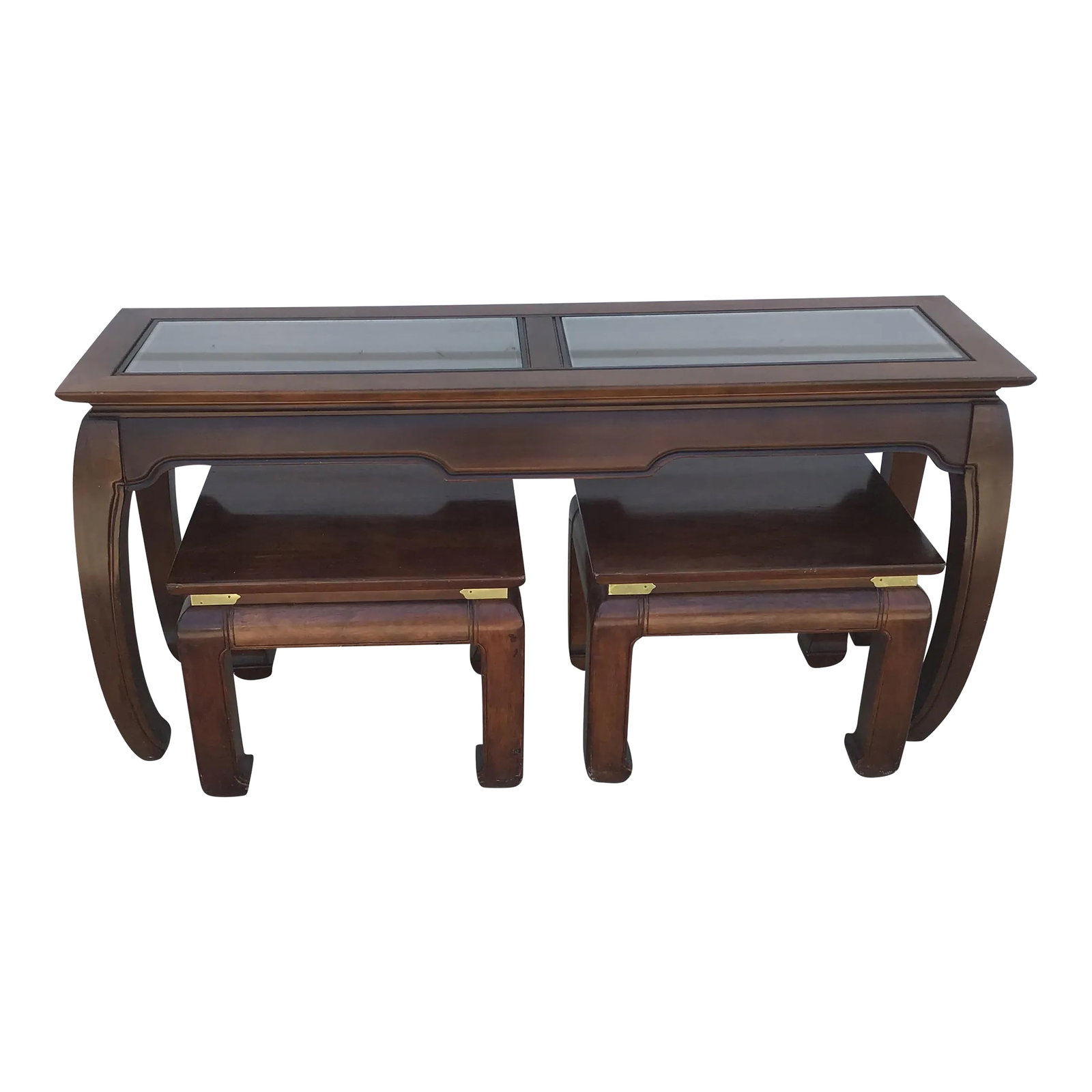 1970s Chinoiserie Style Console Table with benches - Set of 3: Chinoiserie at its best! This Ming style sofa table with benches will add function and form to your room. The brass inlays on the benches brings the dark walnut wood to life. The benches measure 20" w