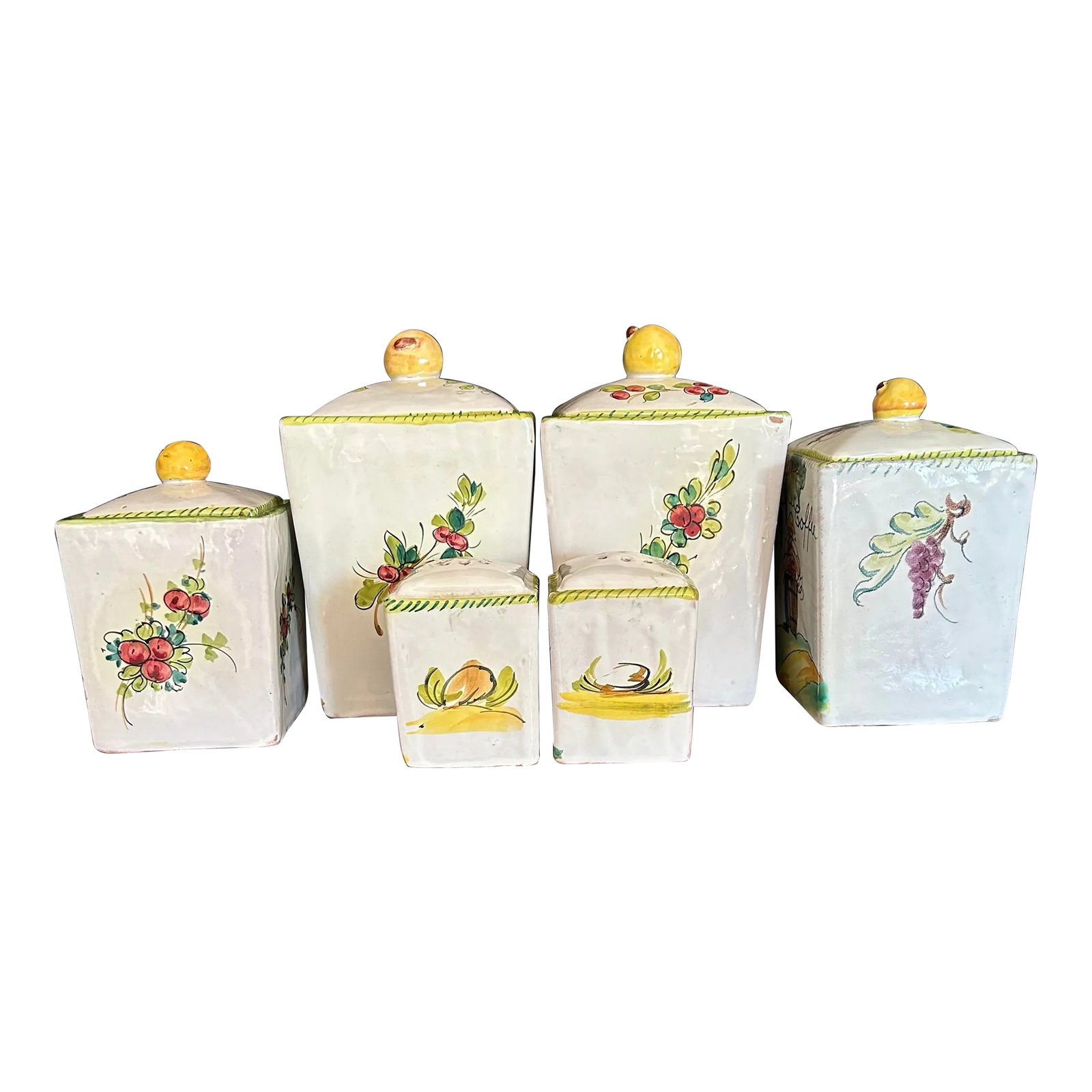 Vintage Italian Canister Set - 5 Piece Set: Fabulous ceramic, hand painted kitchen canister set made in Italy. All lids in tact with fruit handles. Painted in Italian greens and yellows and reds in wonderful wine theme scenes. Every big kitchen
