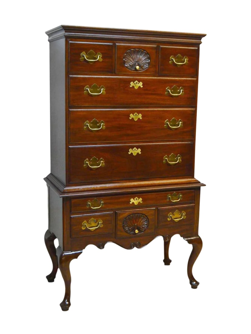Henkel Harris Mahogany Highboy: Highboy by Henkel Harris. Store #435. It features brass hardware, dovetailed drawers and cabriole legs. Condition: Alterations: Original Condition Unaltered Imperfections: Some Imperfections Condition