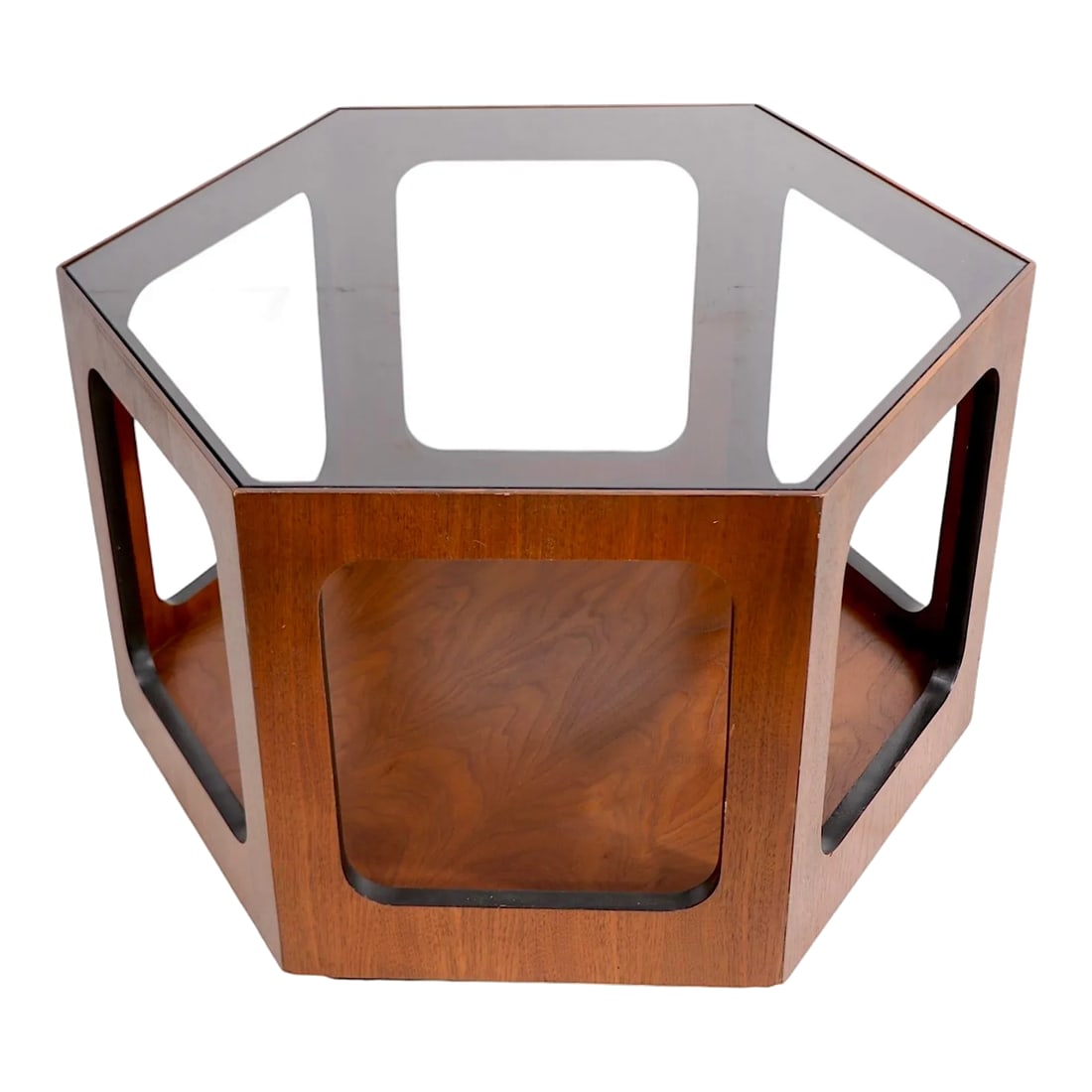 Mid Century Hexagonal Glass Top End Table by Lane Furniture C 1950/60's: Chic architectural Mid Century side, or end table, by the Lane Furniture Company circa 1950/60's. The table features a hexagonal wood base, with original tinted glass insert top. This example is in ve
