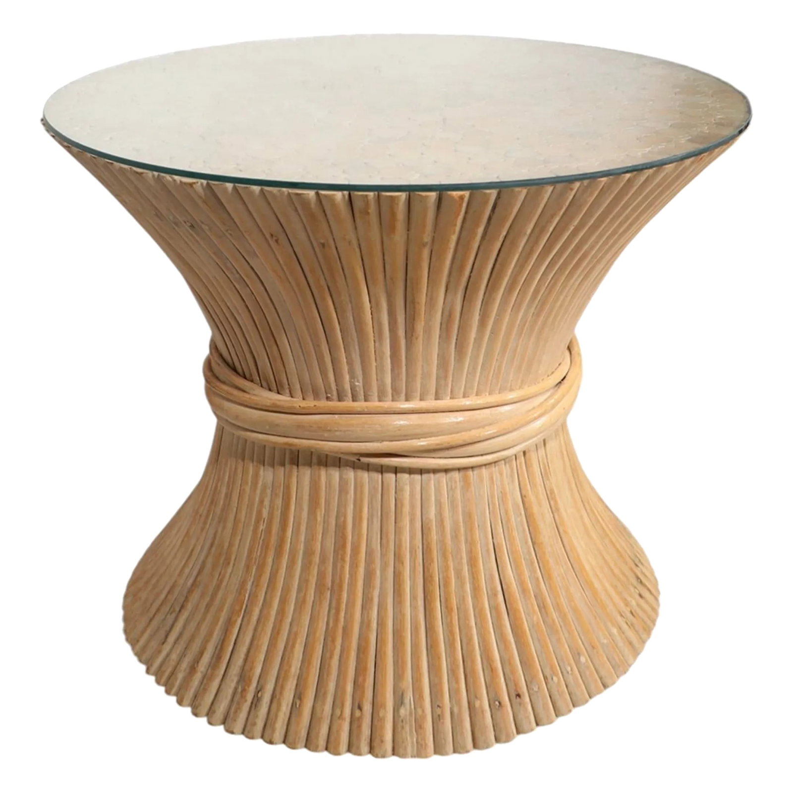 Hourglass Form Bamboo Side, End Table by McGuire: Chic, vintage hourglass form, sheaf of wheat, reeded bamboo side, end, drink table by McGuire c. 1970's. This example is in very good, clean, original, ready to use condition, showing only light cosme